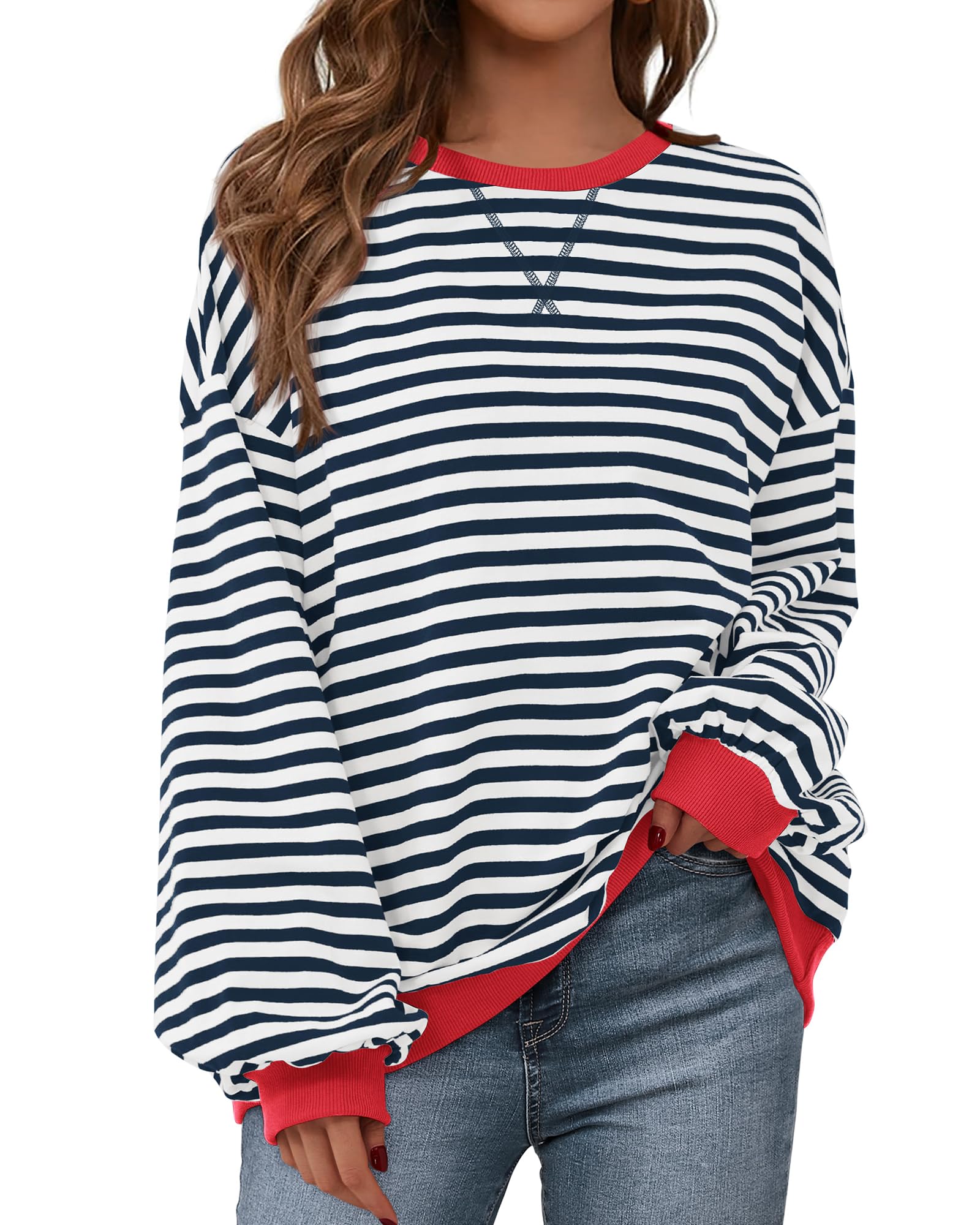 BTFBM Womens Oversized Striped Sweatshirt Crewneck Long Sleeve Pullover Top Casual Y2K Fall Clothes 2025 Workout Shirt