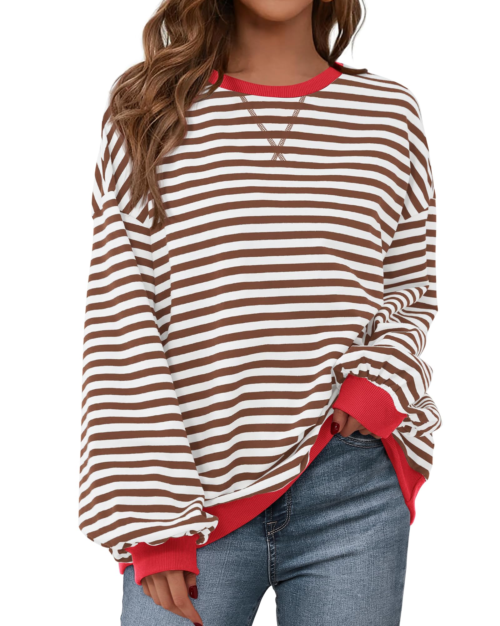 BTFBM Womens Oversized Striped Sweatshirt Crewneck Long Sleeve Pullover Top Casual Y2K Fall Clothes 2025 Workout Shirt