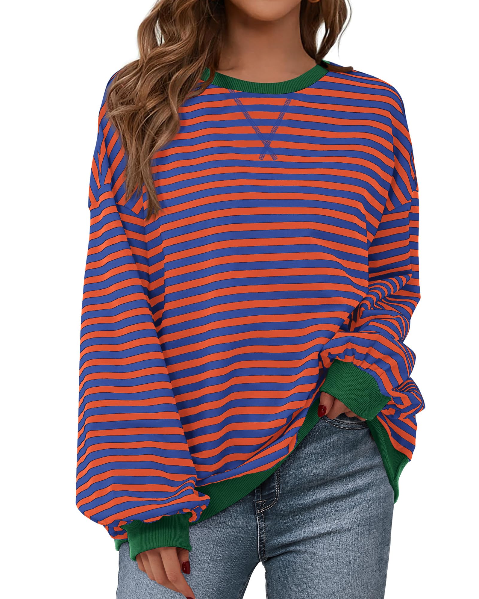 BTFBM Womens Oversized Striped Sweatshirt Crewneck Long Sleeve Pullover Top Casual Y2K Fall Clothes 2025 Workout Shirt