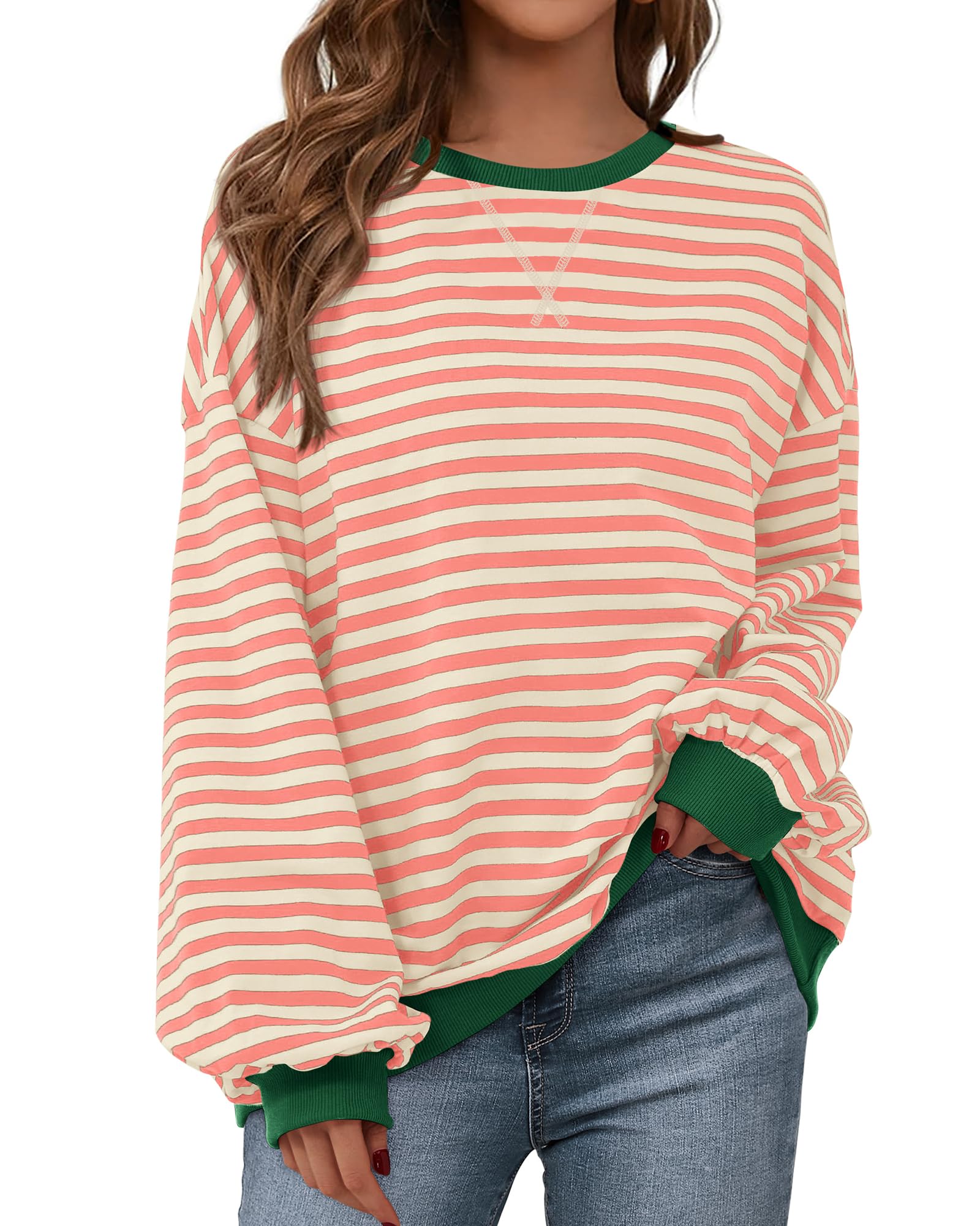 BTFBM Womens Oversized Striped Sweatshirt Crewneck Long Sleeve Pullover Top Casual Y2K Fall Clothes 2025 Workout Shirt