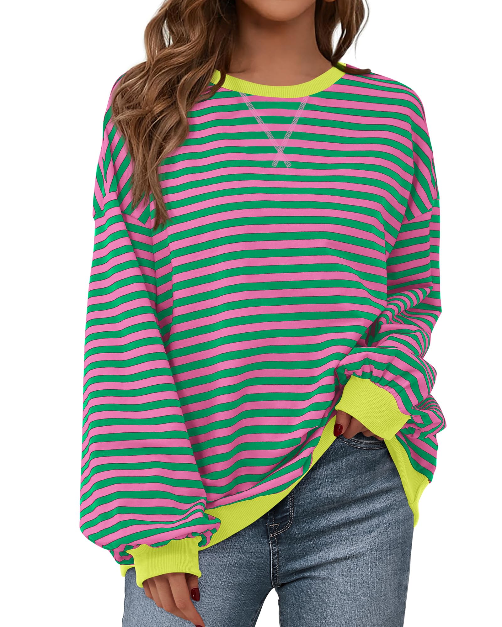 BTFBM Womens Oversized Striped Sweatshirt Crewneck Long Sleeve Pullover Top Casual Y2K Fall Clothes 2025 Workout Shirt