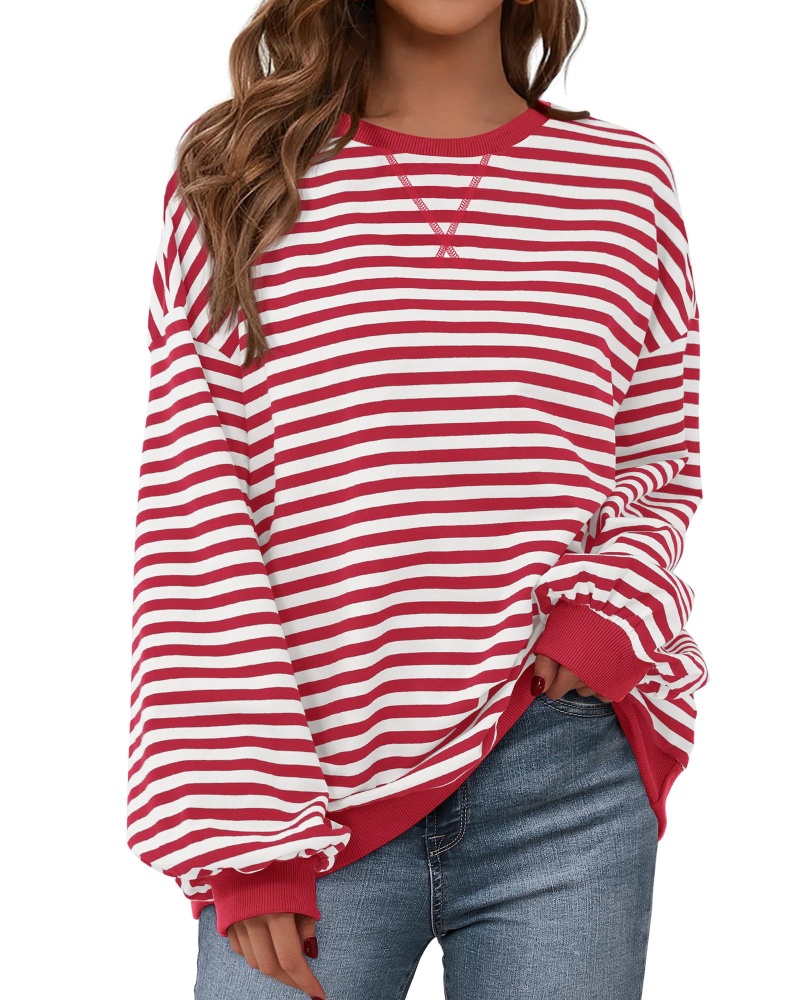 BTFBM Womens Oversized Striped Sweatshirt Crewneck Long Sleeve Pullover Top Casual Y2K Fall Clothes 2025 Workout Shirt