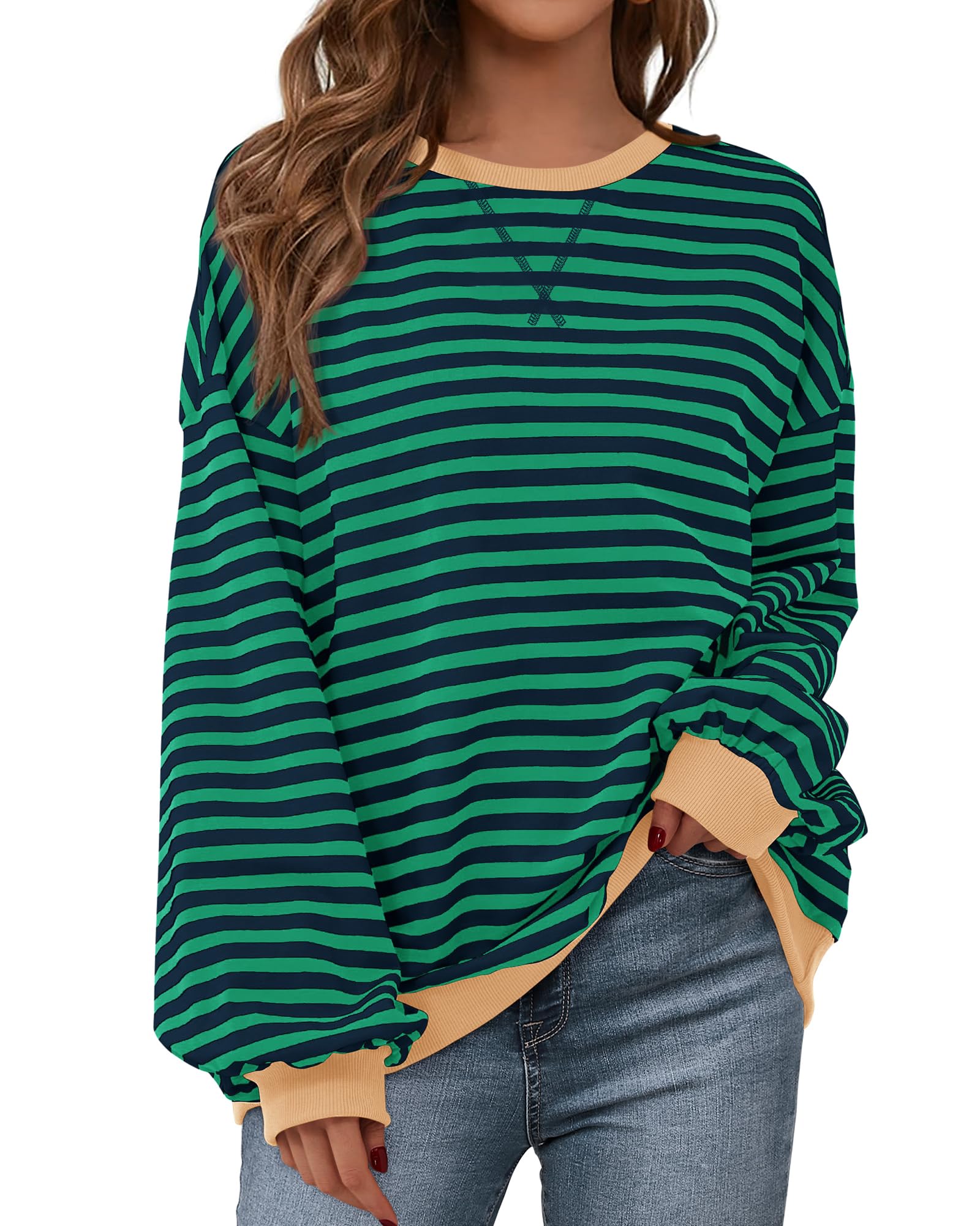 BTFBM Womens Oversized Striped Sweatshirt Crewneck Long Sleeve Pullover Top Casual Y2K Fall Clothes 2025 Workout Shirt