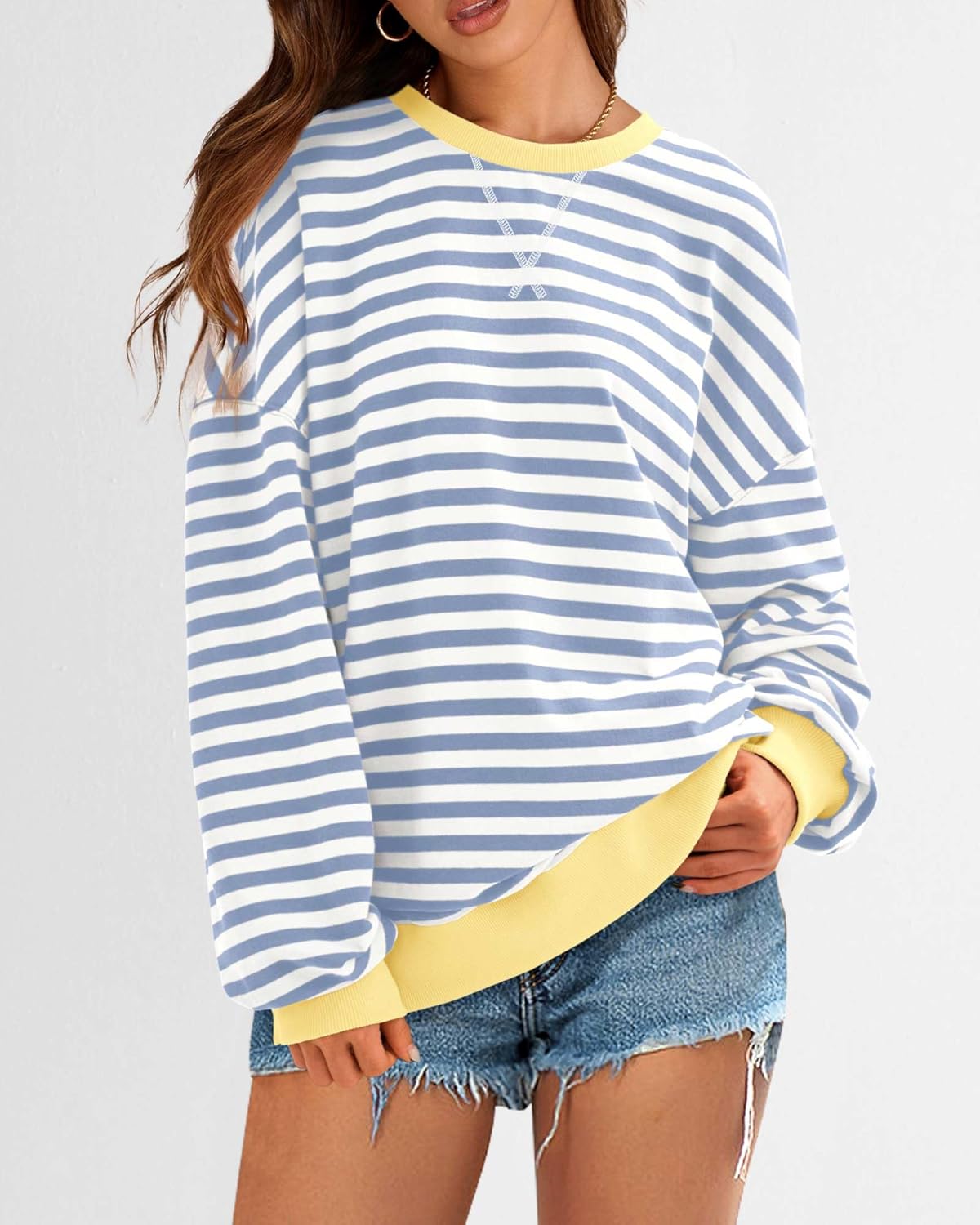 BTFBM Womens Oversized Striped Sweatshirt Crewneck Long Sleeve Pullover Top Casual Y2K Fall Clothes 2025 Workout Shirt