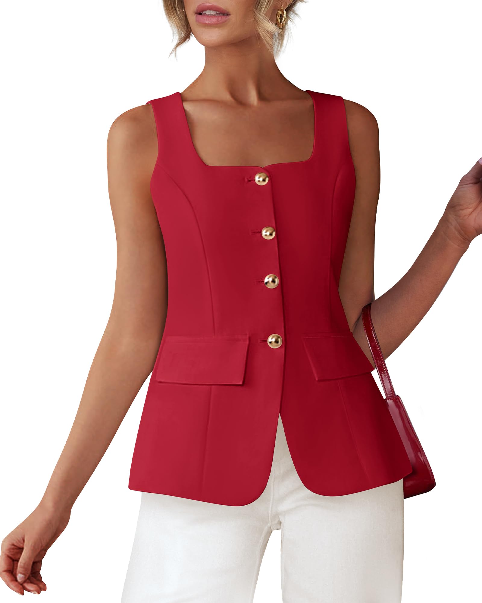 BTFBM Womens Sleeveless Suit Vests Dressy Casual Square Neck Business Work Waistcoat Summer Button Up Blazer Vest Tops