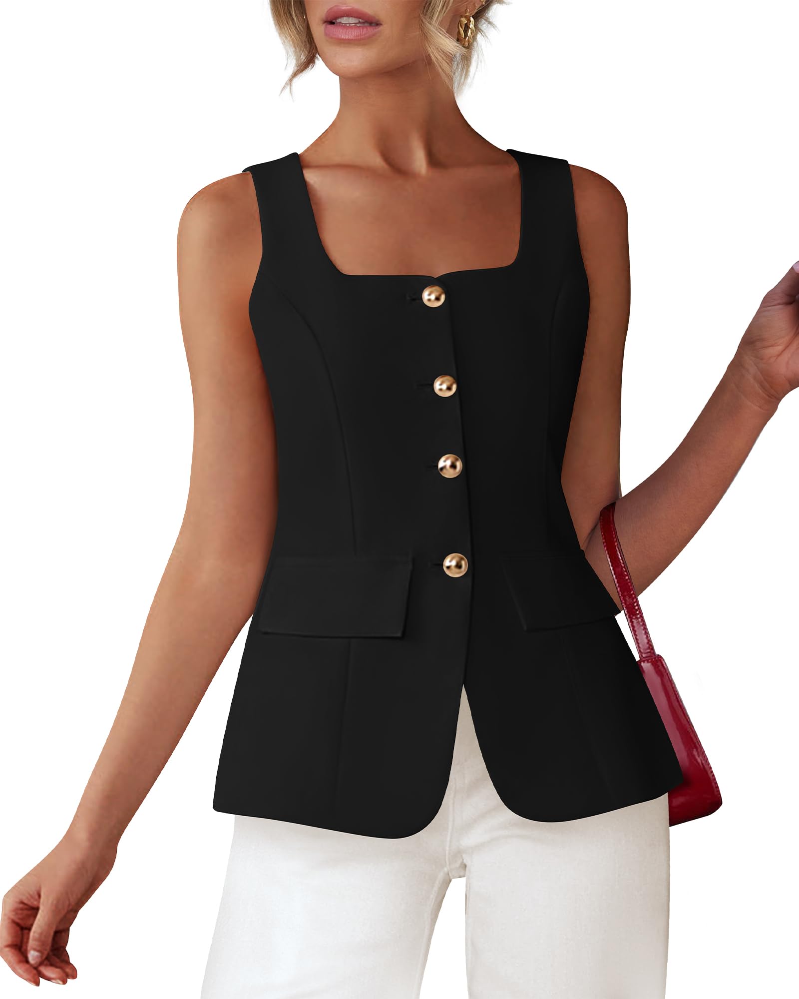 BTFBM Womens Sleeveless Suit Vests Dressy Casual Square Neck Business Work Waistcoat Summer Button Up Blazer Vest Tops