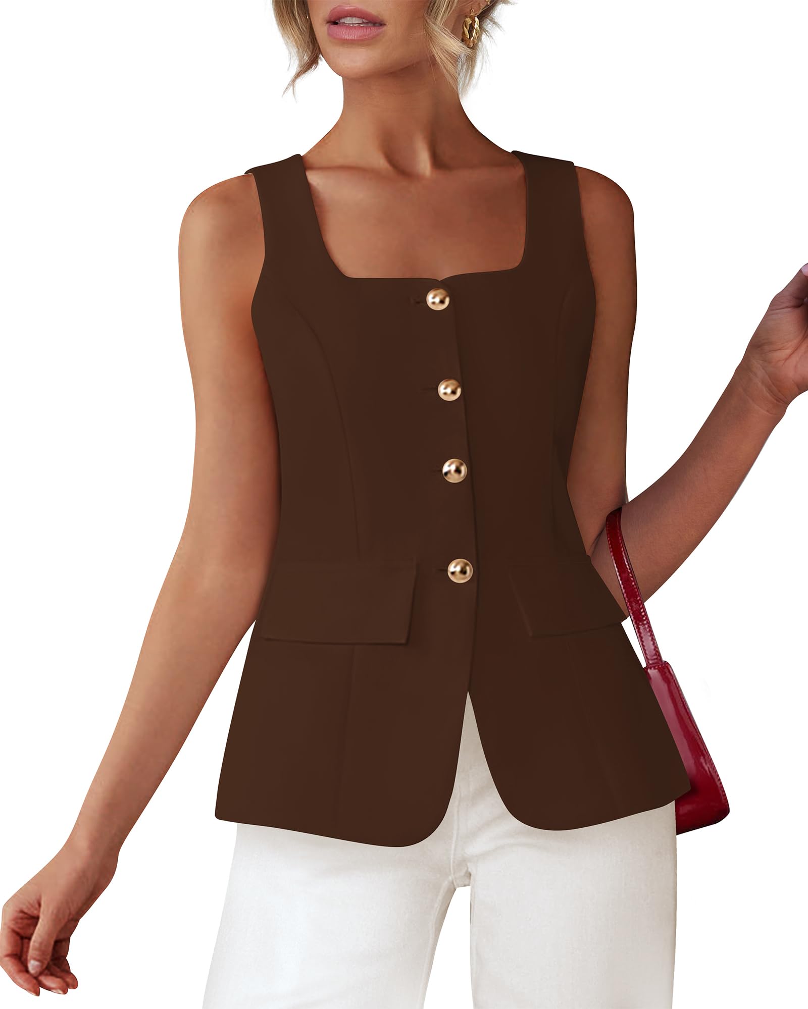 BTFBM Womens Sleeveless Suit Vests Dressy Casual Square Neck Business Work Waistcoat Summer Button Up Blazer Vest Tops