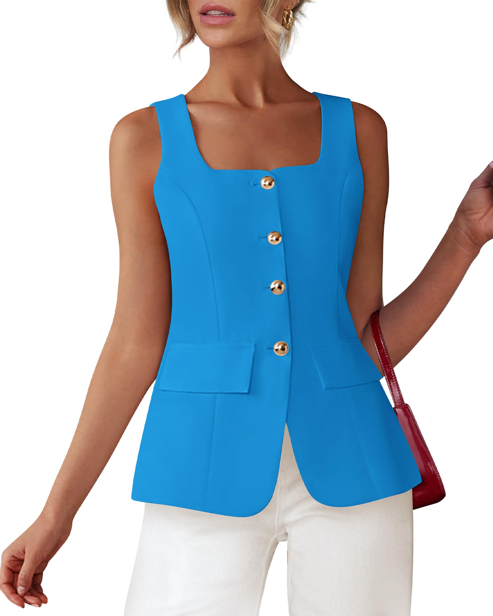 BTFBM Womens Sleeveless Suit Vests Dressy Casual Square Neck Business Work Waistcoat Summer Button Up Blazer Vest Tops