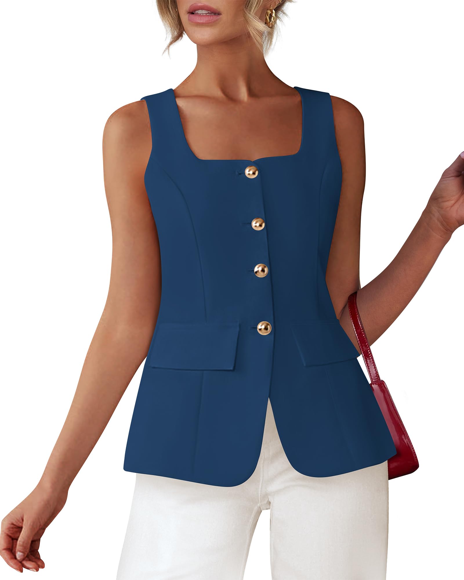 BTFBM Womens Sleeveless Suit Vests Dressy Casual Square Neck Business Work Waistcoat Summer Button Up Blazer Vest Tops