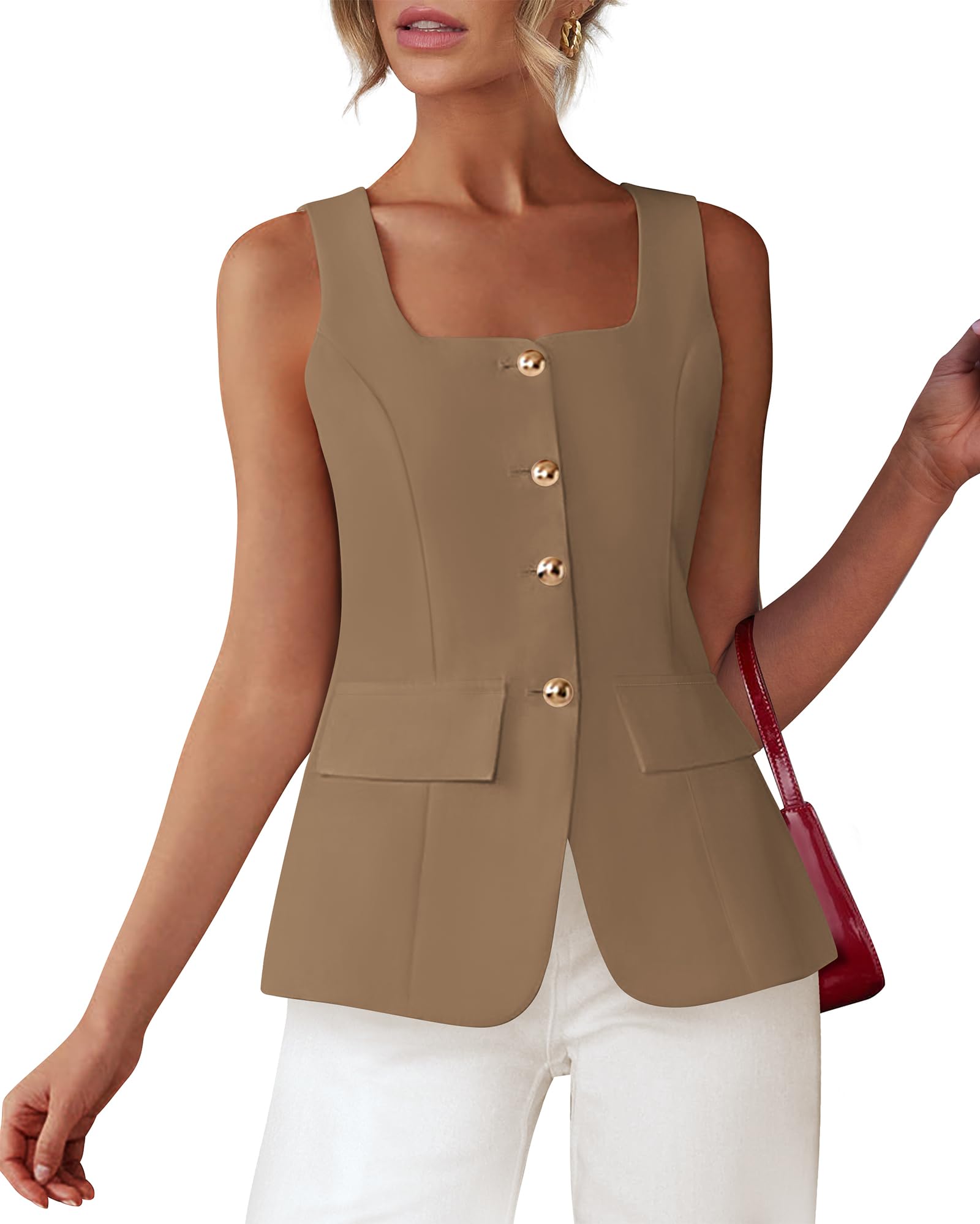 BTFBM Womens Sleeveless Suit Vests Dressy Casual Square Neck Business Work Waistcoat Summer Button Up Blazer Vest Tops
