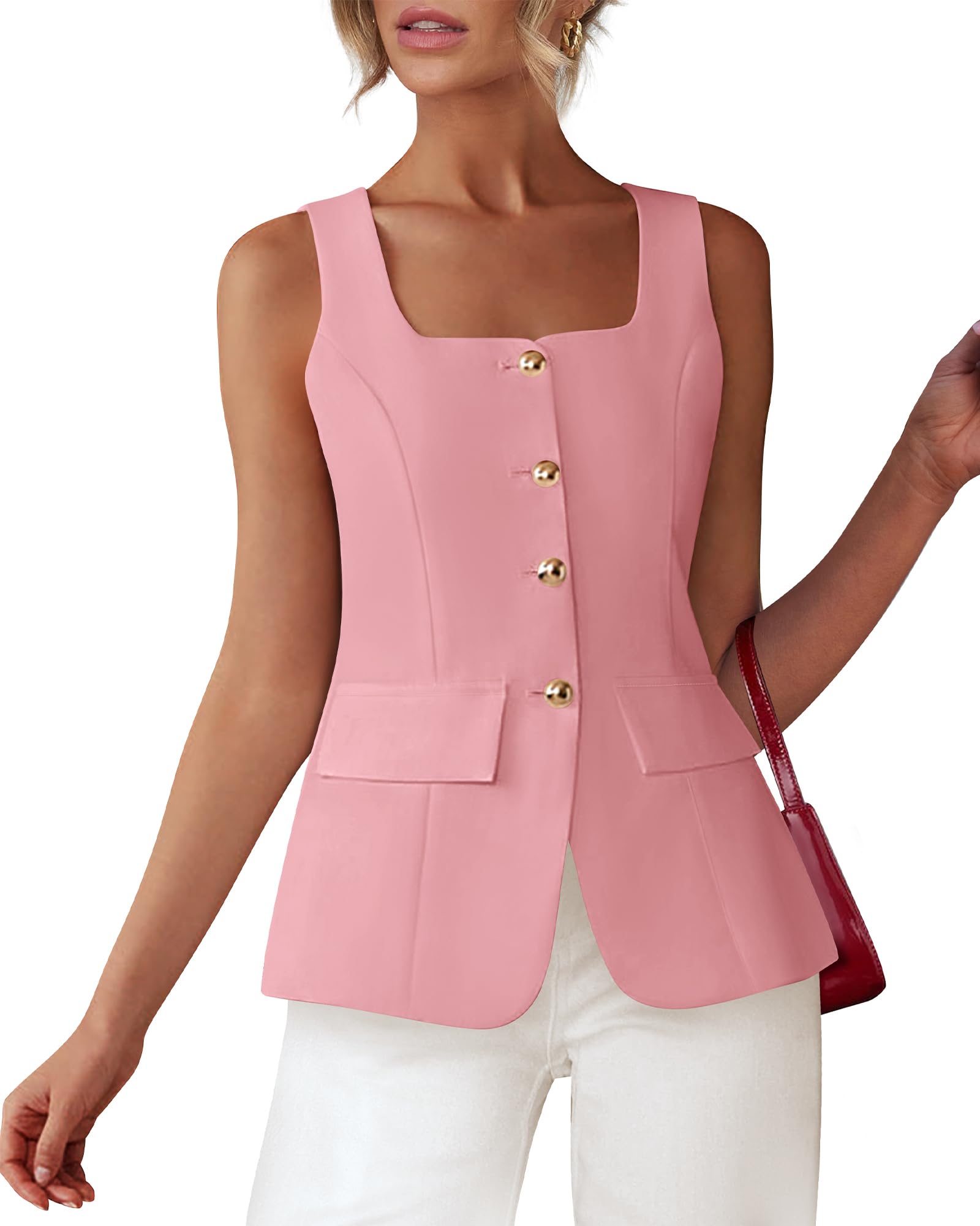 BTFBM Womens Sleeveless Suit Vests Dressy Casual Square Neck Business Work Waistcoat Summer Button Up Blazer Vest Tops
