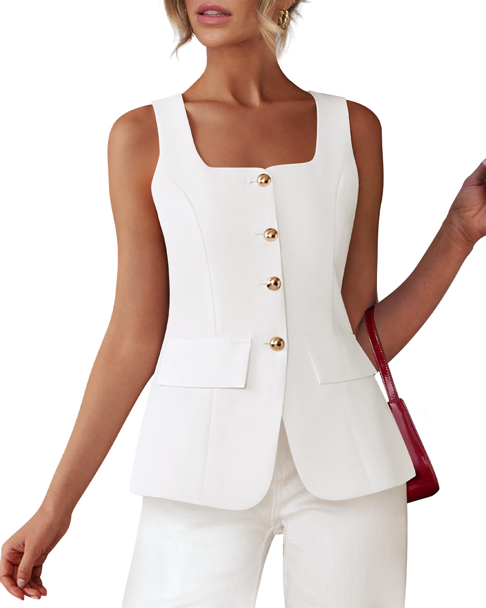BTFBM Womens Sleeveless Suit Vests Dressy Casual Square Neck Business Work Waistcoat Summer Button Up Blazer Vest Tops