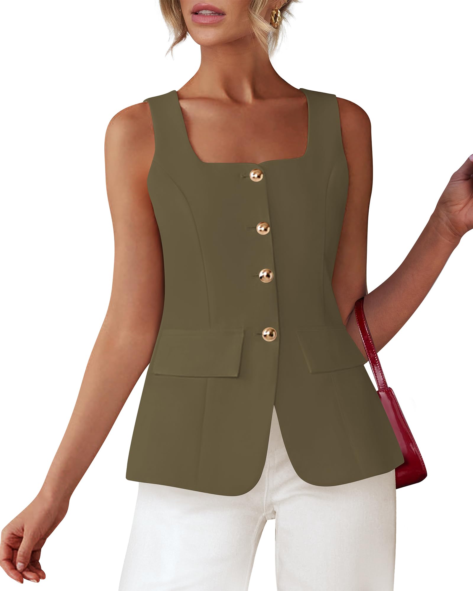 BTFBM Womens Sleeveless Suit Vests Dressy Casual Square Neck Business Work Waistcoat Summer Button Up Blazer Vest Tops