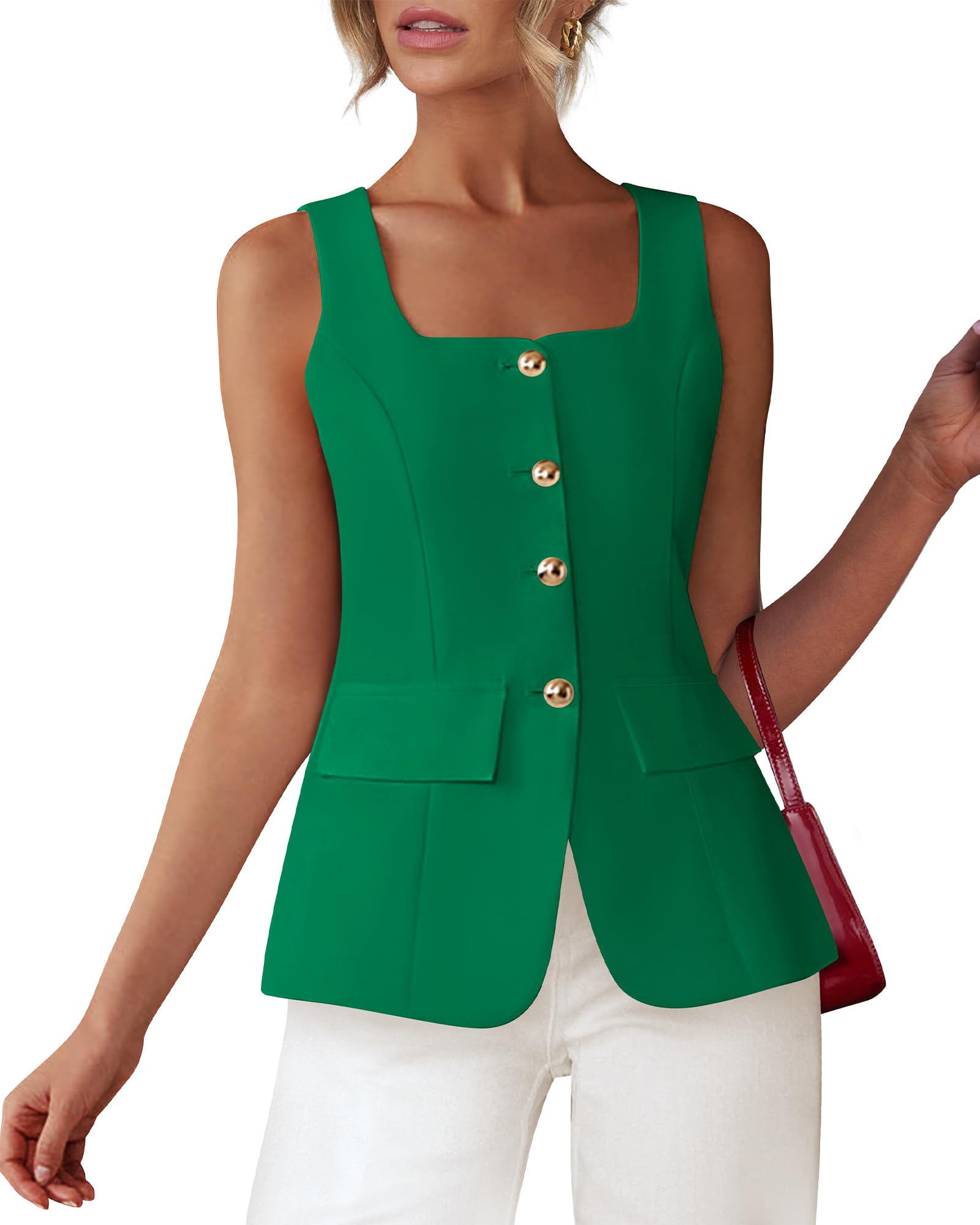 BTFBM Womens Sleeveless Suit Vests Dressy Casual Square Neck Business Work Waistcoat Summer Button Up Blazer Vest Tops