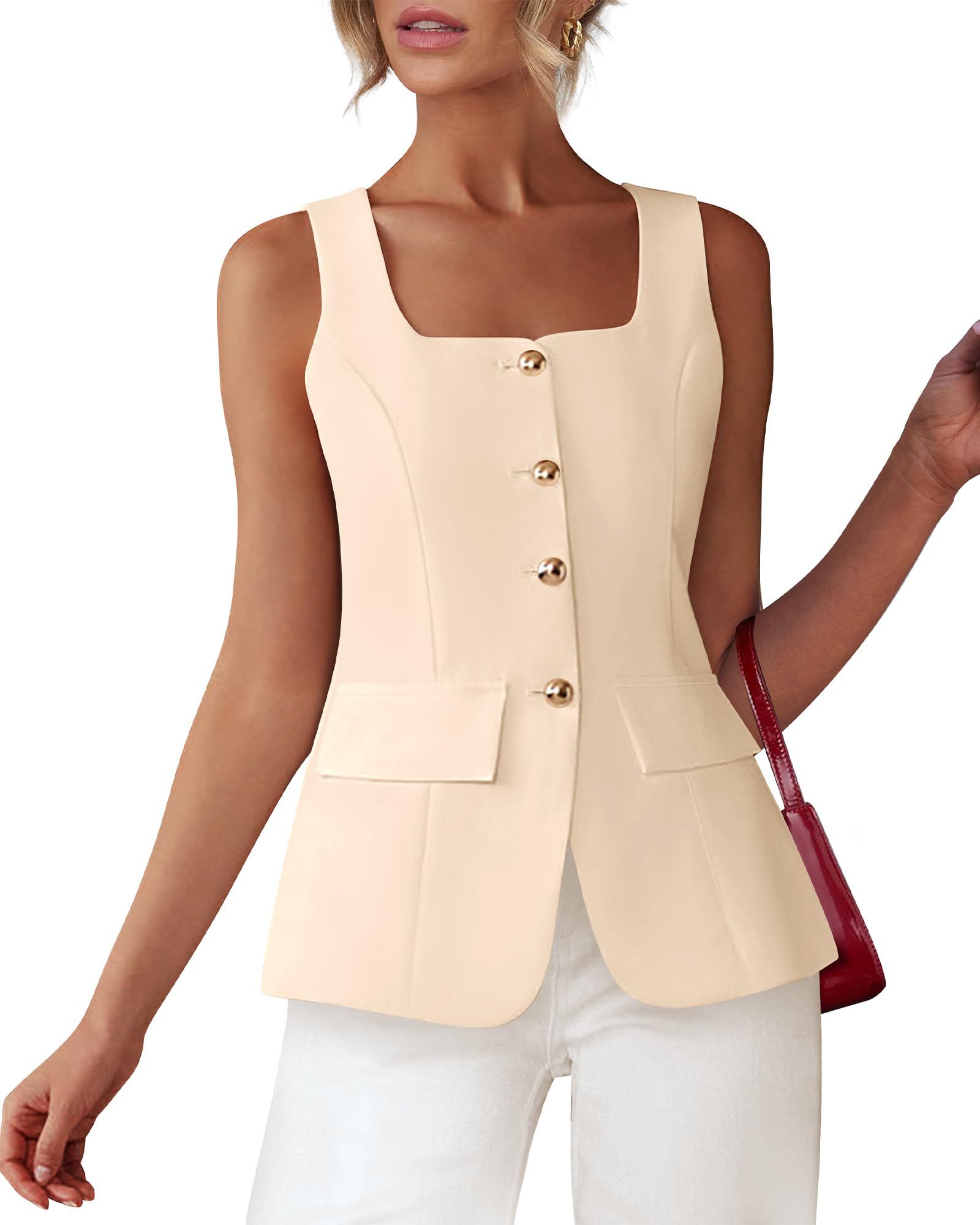 BTFBM Womens Sleeveless Suit Vests Dressy Casual Square Neck Business Work Waistcoat Summer Button Up Blazer Vest Tops