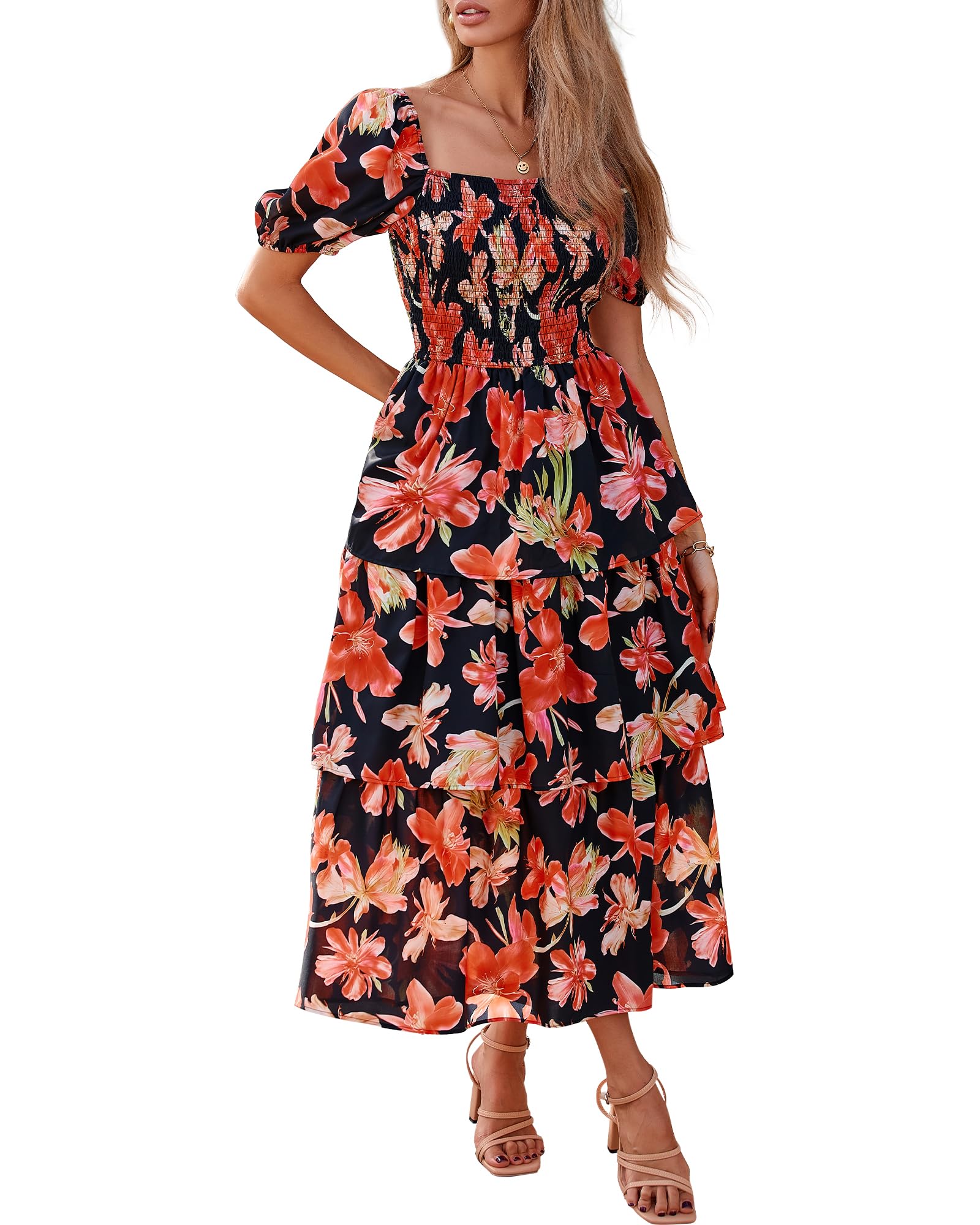 BTFBM Womens Square Neck Smocked Dress Summer Puff Short Sleeve Floral Casual Ruffle Tiered Maxi Wedding Guest Dresses