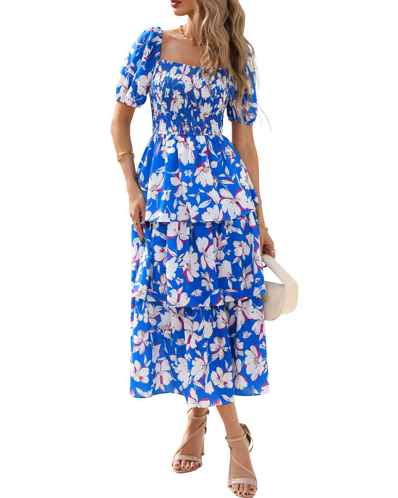 BTFBM Womens Square Neck Smocked Dress Summer Puff Short Sleeve Floral Casual Ruffle Tiered Maxi Wedding Guest Dresses