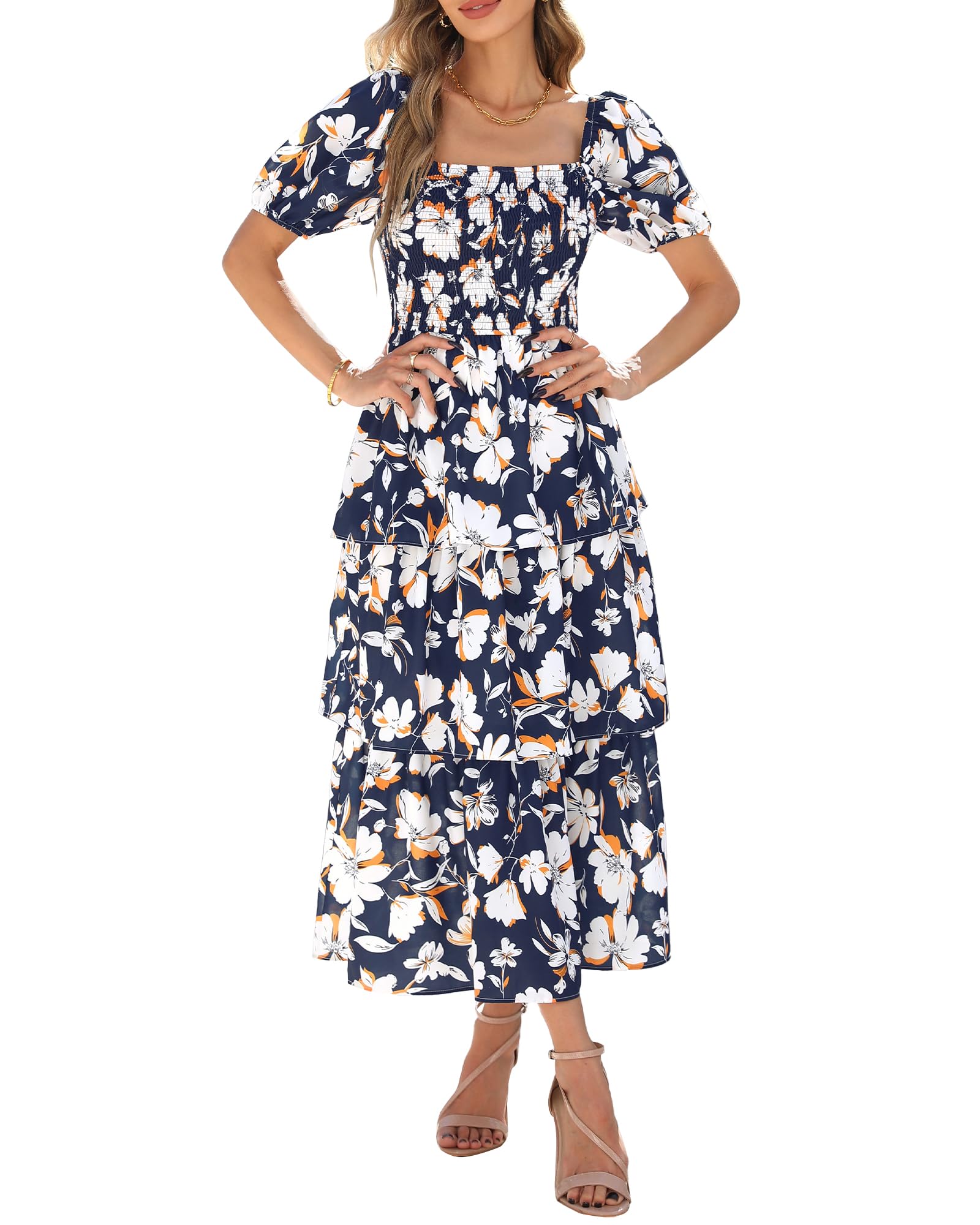 BTFBM Womens Square Neck Smocked Dress Summer Puff Short Sleeve Floral Casual Ruffle Tiered Maxi Wedding Guest Dresses