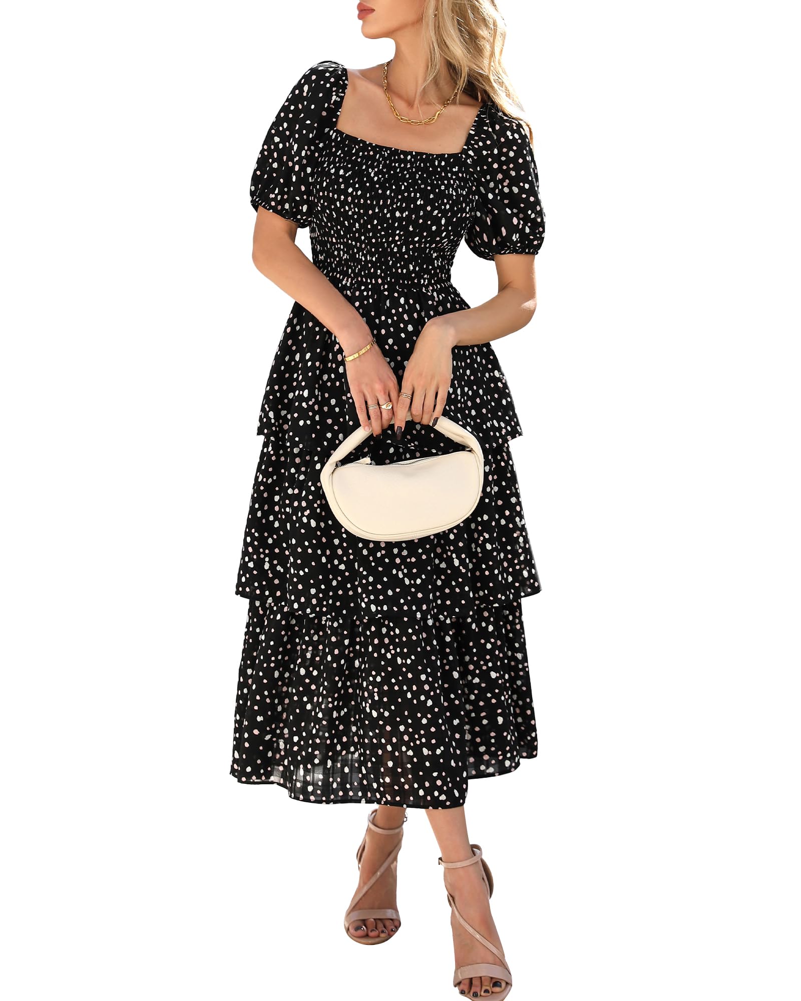 BTFBM Womens Square Neck Smocked Dress Summer Puff Short Sleeve Floral Casual Ruffle Tiered Maxi Wedding Guest Dresses