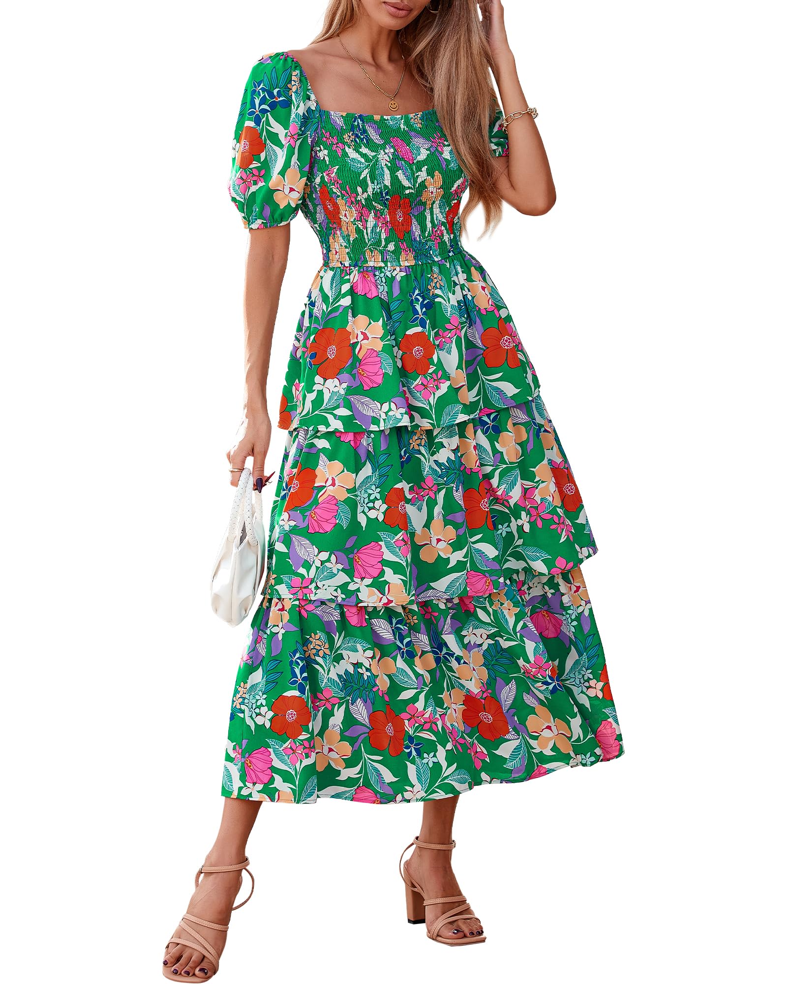 BTFBM Womens Square Neck Smocked Dress Summer Puff Short Sleeve Floral Casual Ruffle Tiered Maxi Wedding Guest Dresses