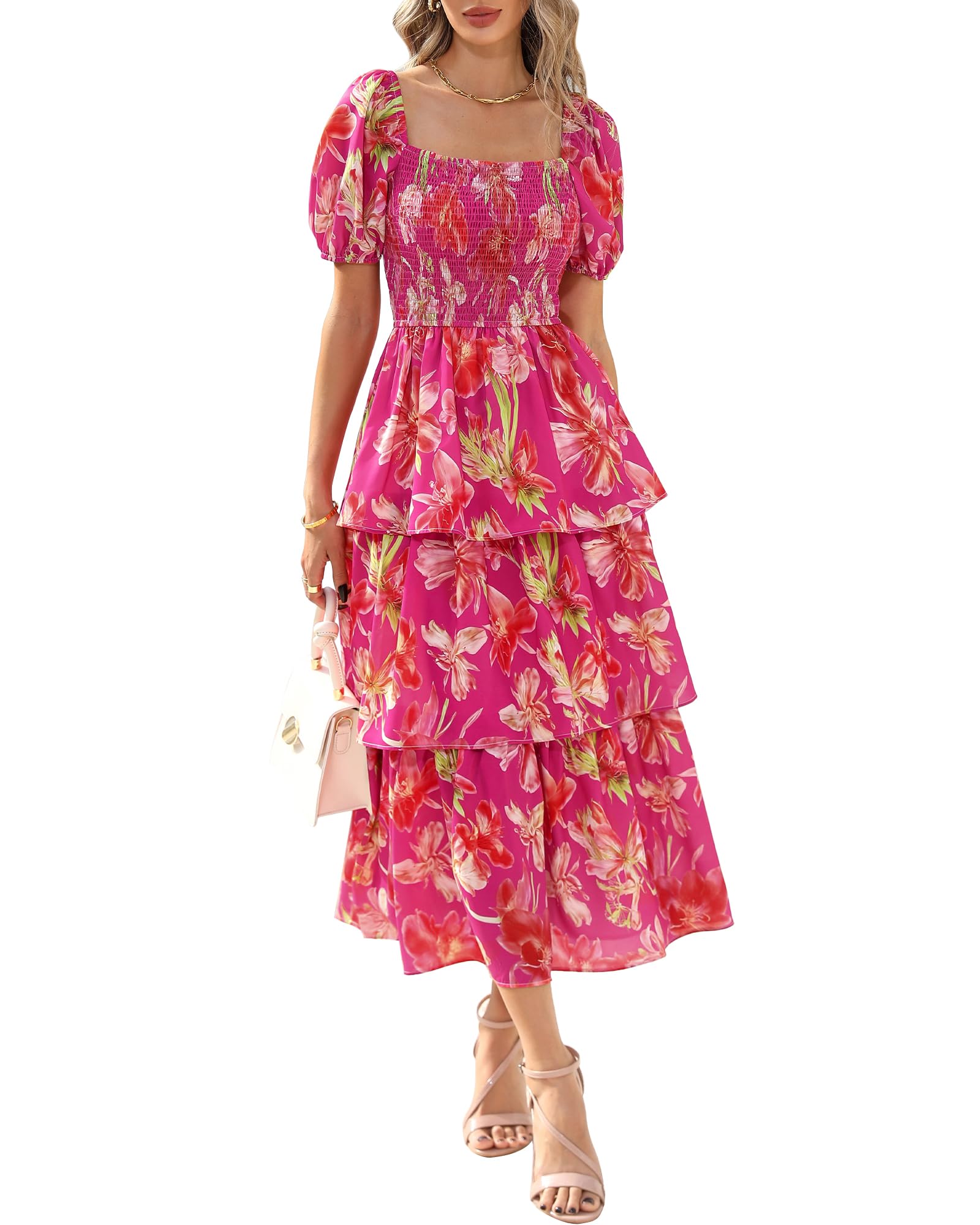 BTFBM Womens Square Neck Smocked Dress Summer Puff Short Sleeve Floral Casual Ruffle Tiered Maxi Wedding Guest Dresses