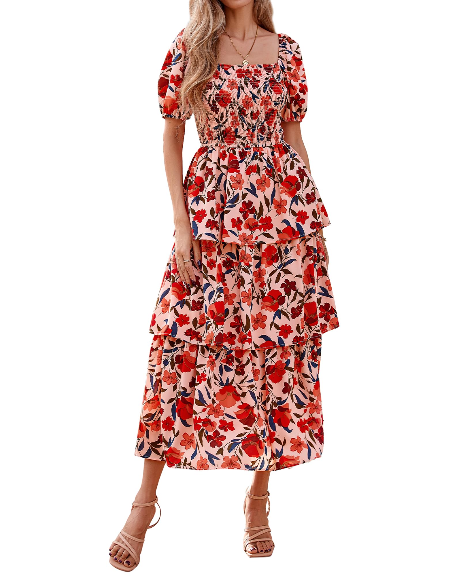 BTFBM Womens Square Neck Smocked Dress Summer Puff Short Sleeve Floral Casual Ruffle Tiered Maxi Wedding Guest Dresses