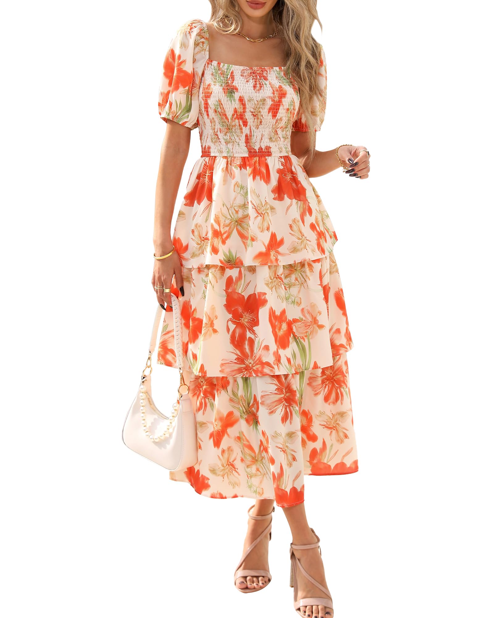 BTFBM Womens Square Neck Smocked Dress Summer Puff Short Sleeve Floral Casual Ruffle Tiered Maxi Wedding Guest Dresses