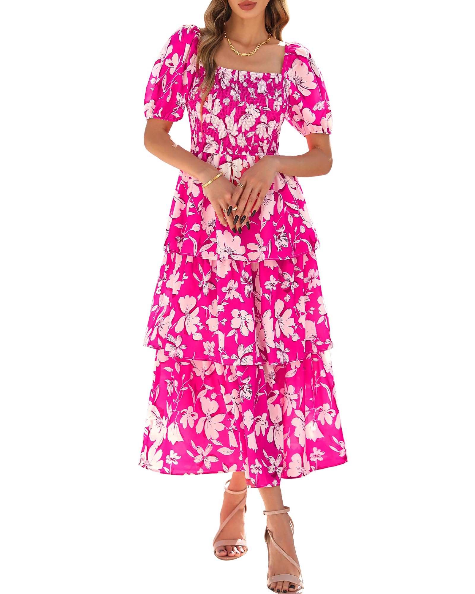 BTFBM Womens Square Neck Smocked Dress Summer Puff Short Sleeve Floral Casual Ruffle Tiered Maxi Wedding Guest Dresses