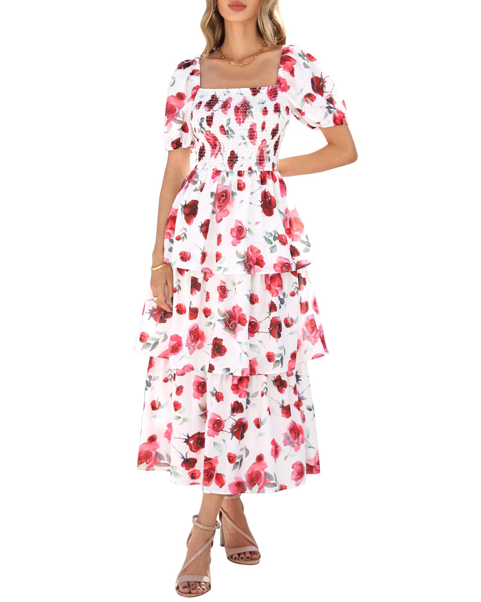 BTFBM Womens Square Neck Smocked Dress Summer Puff Short Sleeve Floral Casual Ruffle Tiered Maxi Wedding Guest Dresses