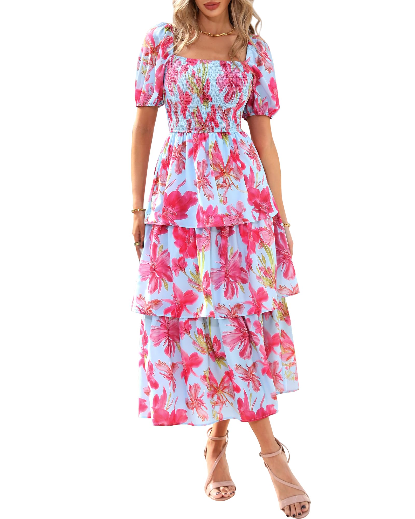 BTFBM Womens Square Neck Smocked Dress Summer Puff Short Sleeve Floral Casual Ruffle Tiered Maxi Wedding Guest Dresses