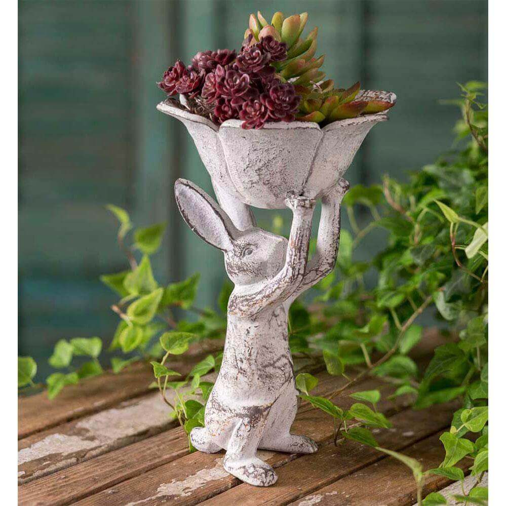 Cottagecore Bunny Rabbit with Flower Bird Feeder in Cast Iron