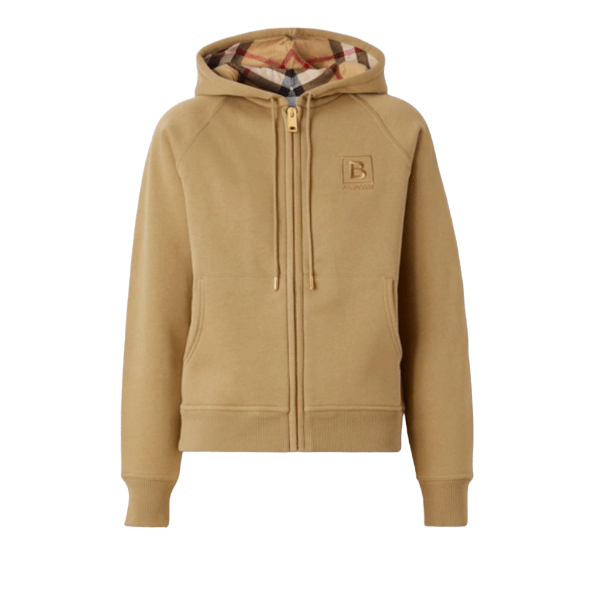 Burberry Letter Graphic Check Trim Cotton-Blend Zip Hoodie, Honey