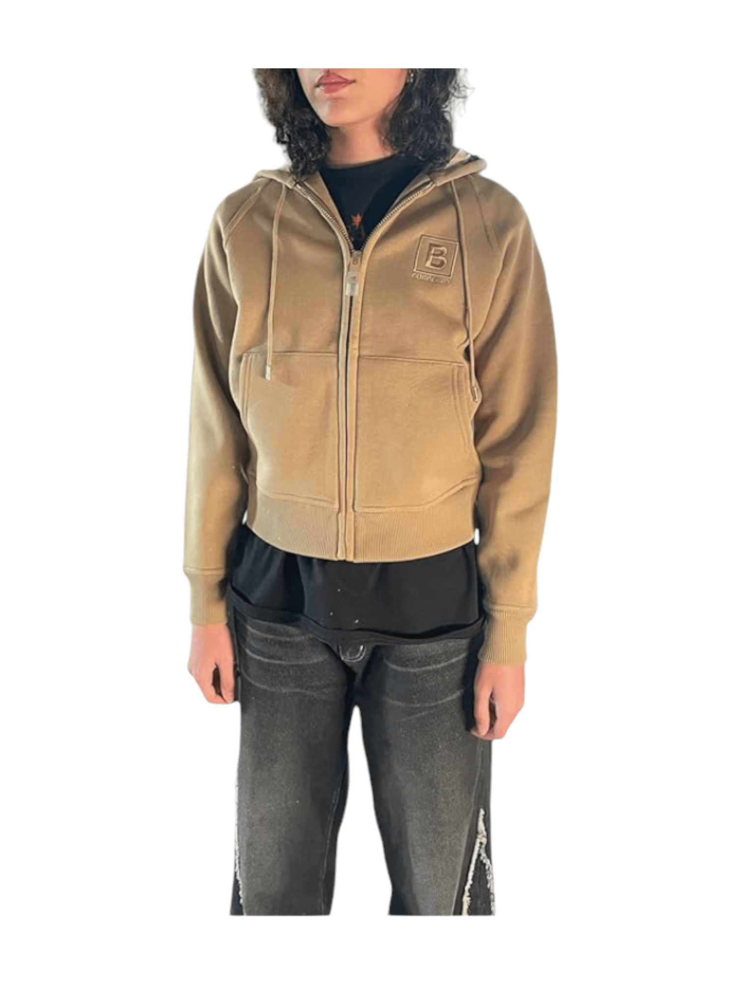 Burberry Letter Graphic Check Trim Cotton-Blend Zip Hoodie, Honey