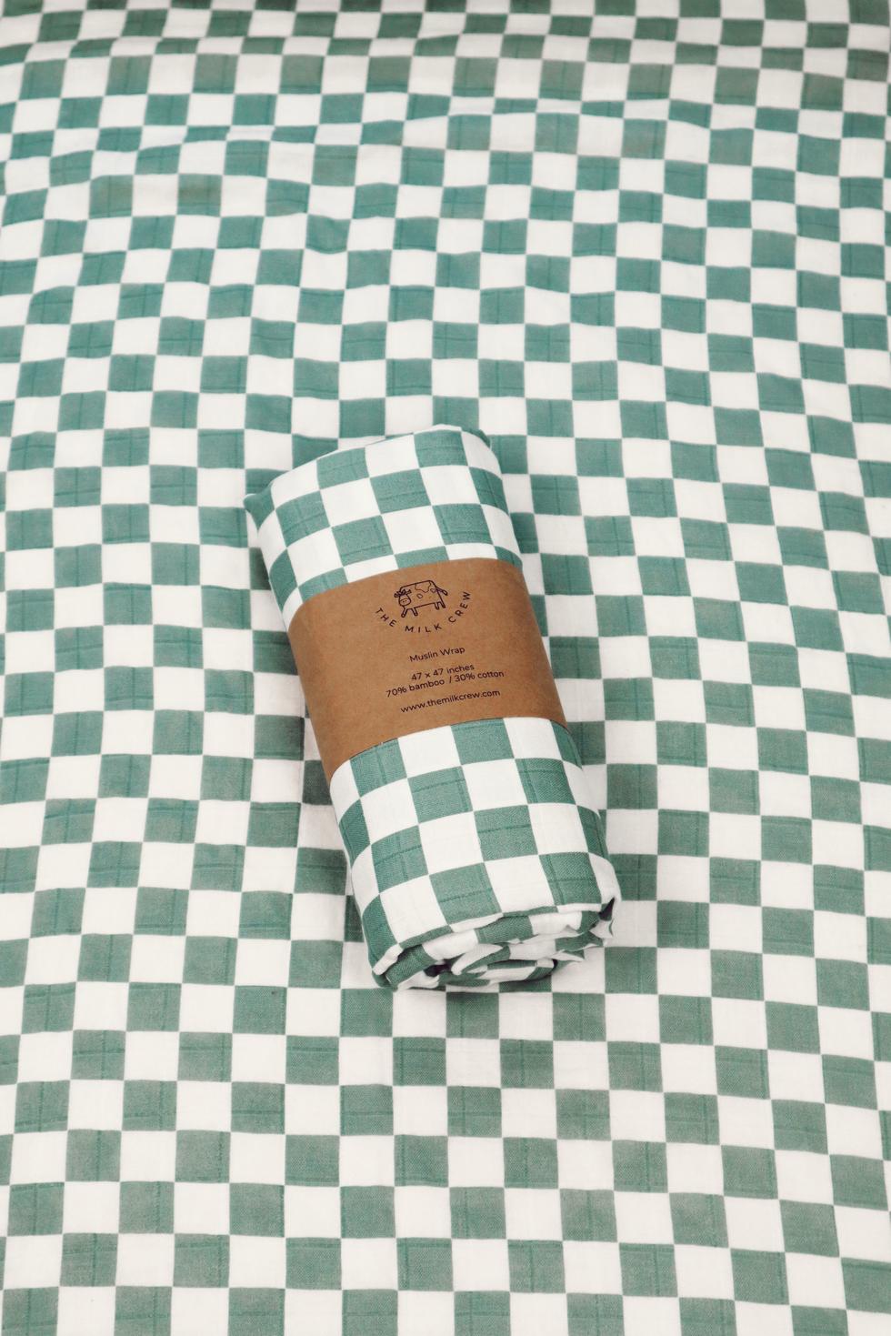 Bamboo Muslin Swaddle Blanket - Checkerboard Green