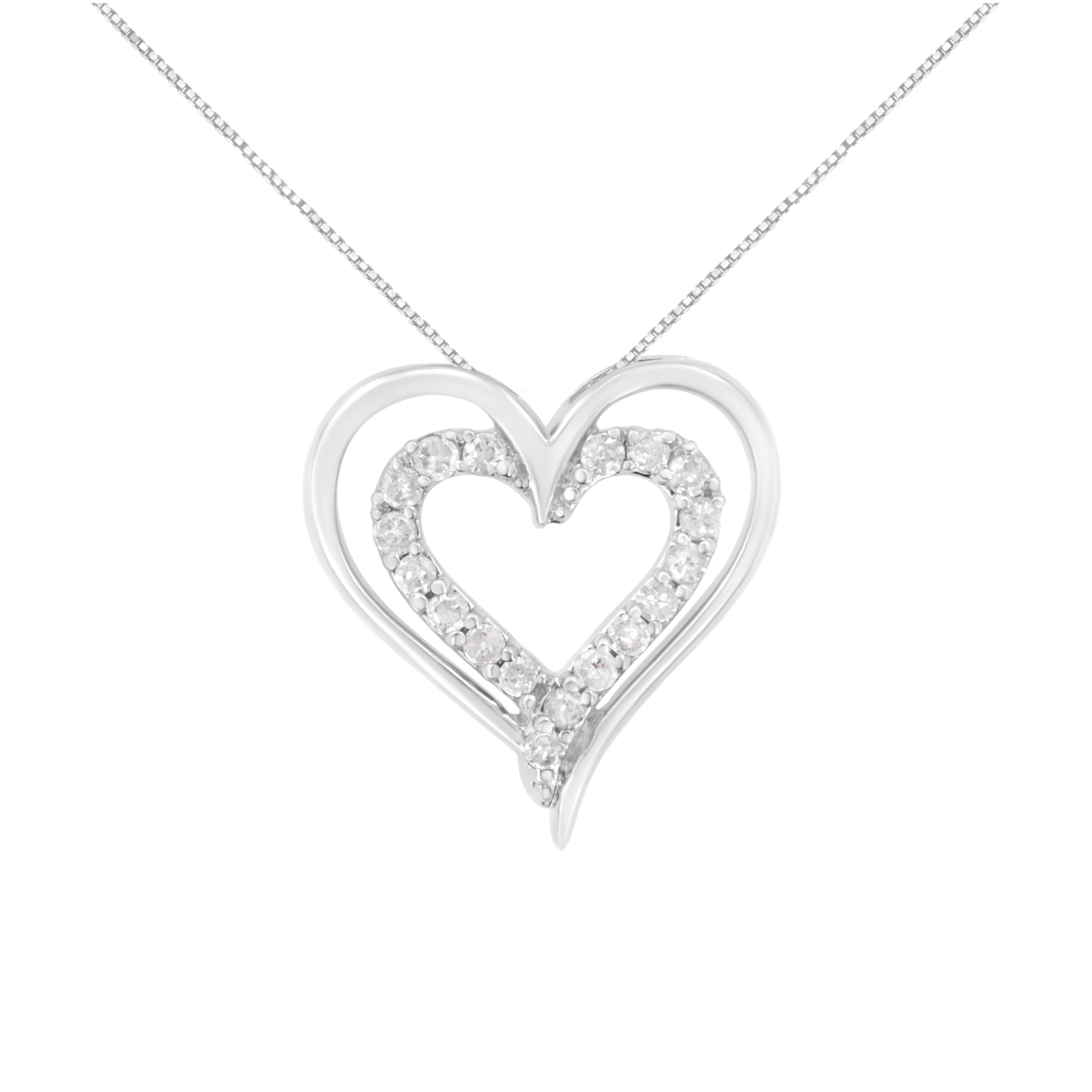 .925 Sterling Silver 1/4 Cttw Diamond Open Double Heart 18" Pendant Necklace (I-J Clarity, I2-I3 Color)