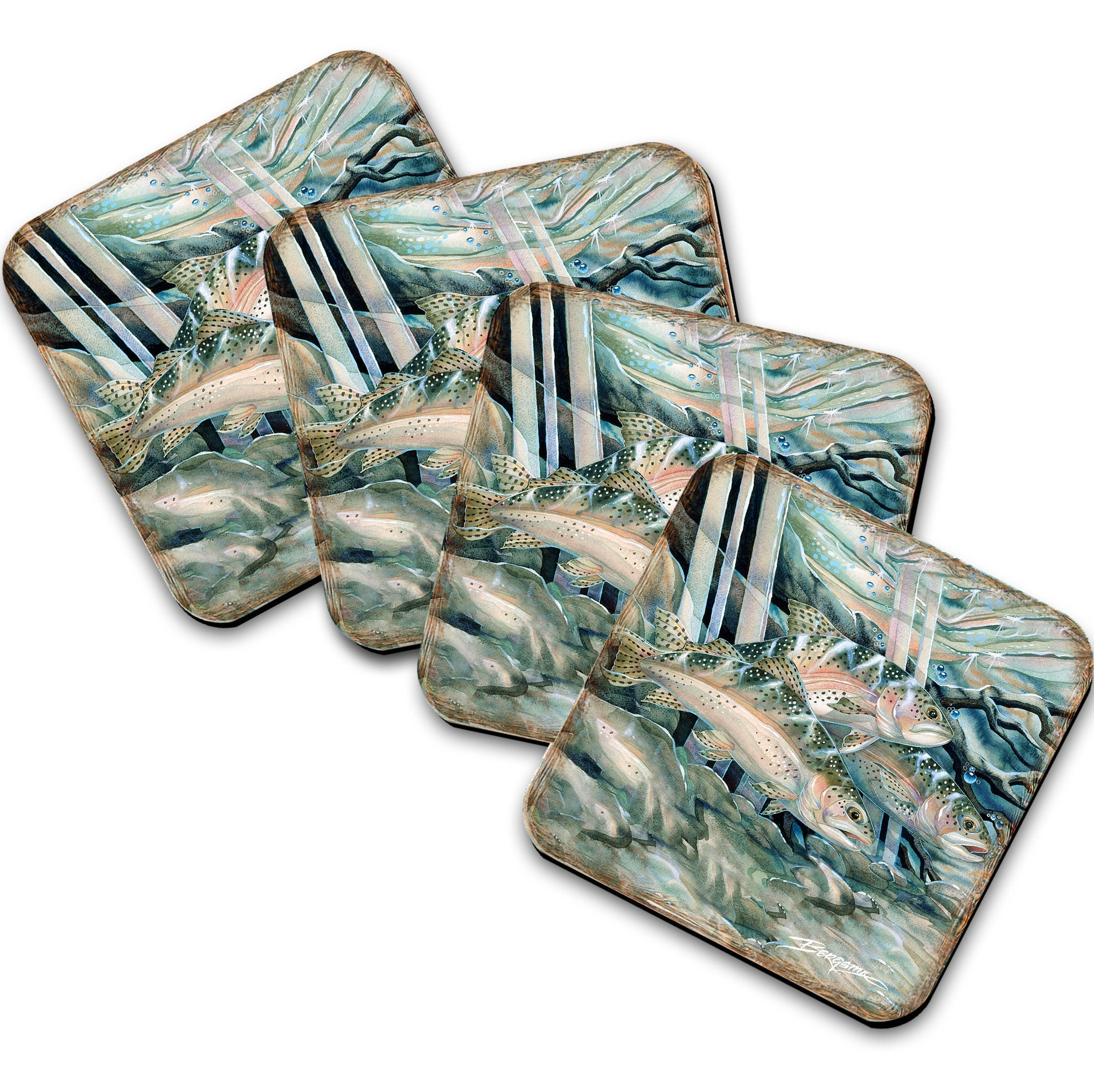 Catch the Rainbow Trout Wooden Cork Coasters Gift Set of 4 by J. Bergsma - Coastal Wildlife Decor  - 8199463C-S4
