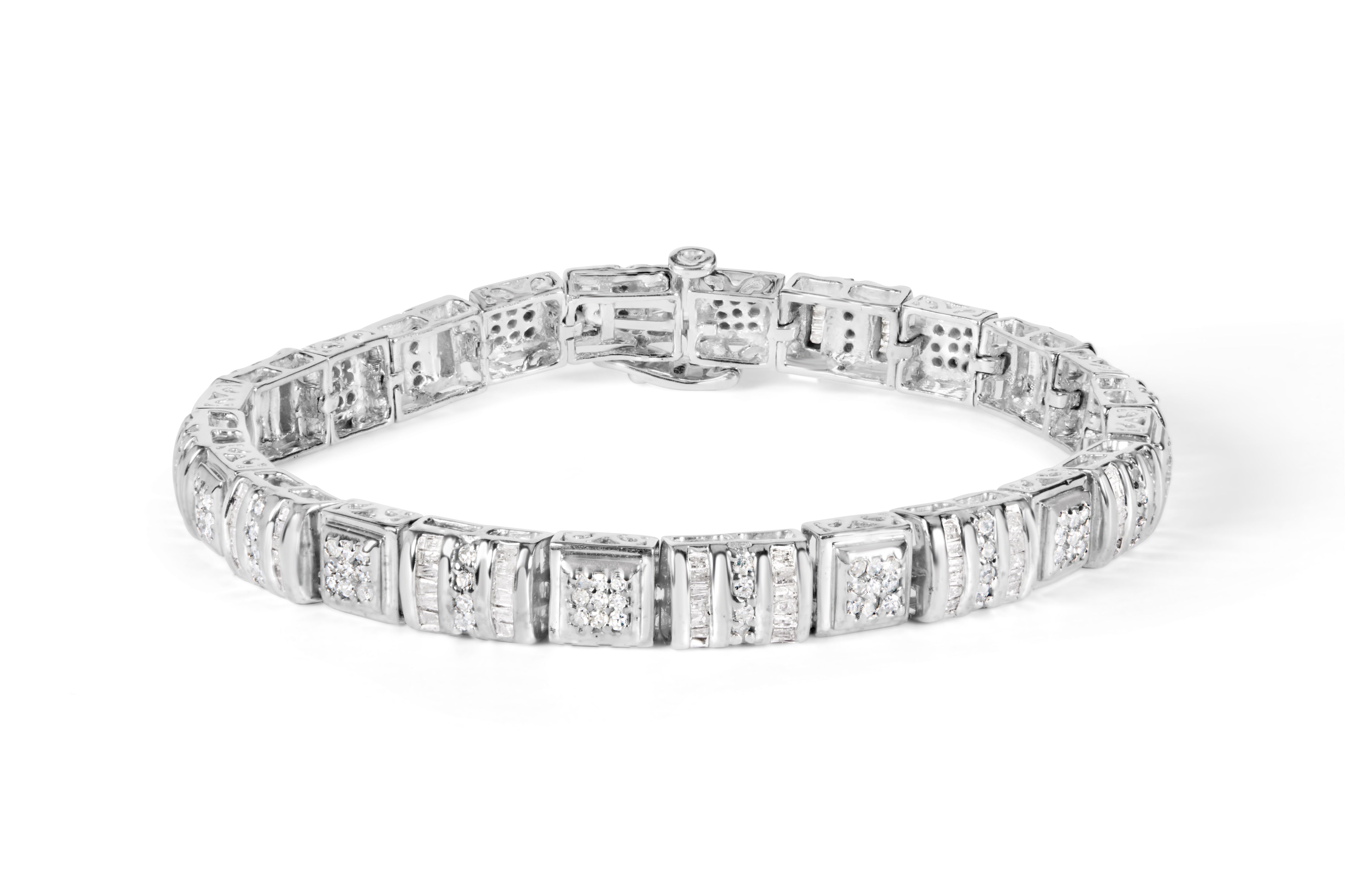 10K White Gold Round And Baguette Cut Diamond Bracelet (2.00 Cttw, H-I Color, I2-I3 Clarity)