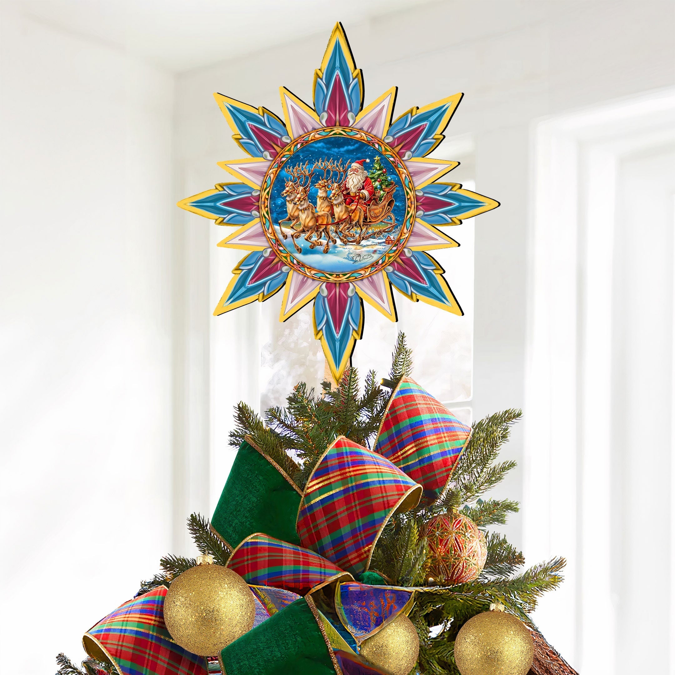 Santa on the Sleigh Star Tree Topper Wooden Decor by G. Debrekht - Santa Snowman Decor - 89516