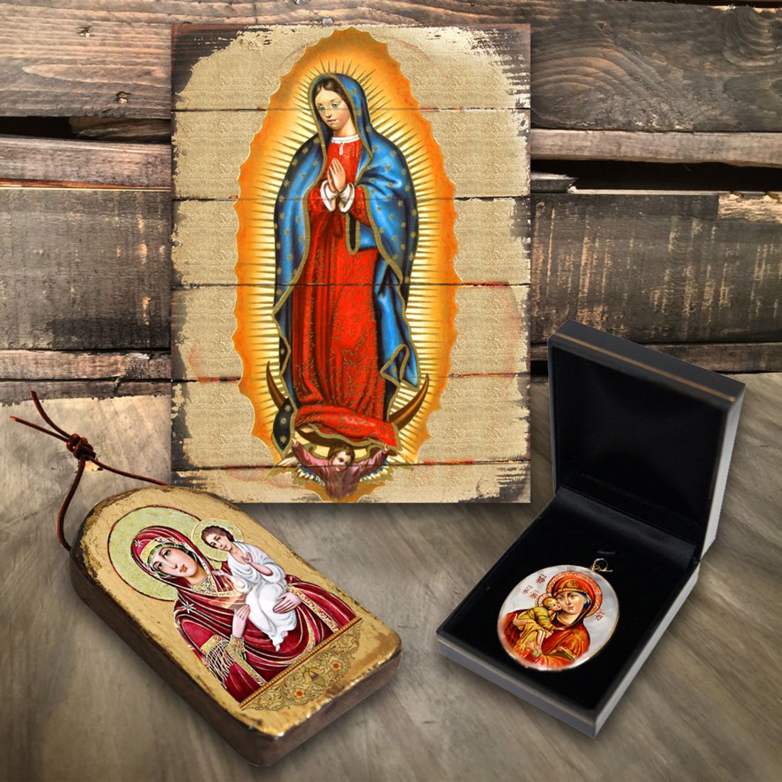 Saint Antoni Religious Jewelry Silver Plated Necklace, Gold-Plated Wooden Cabochon - Christian Sacred Icon - Inspirational Icon Decor - 43062R