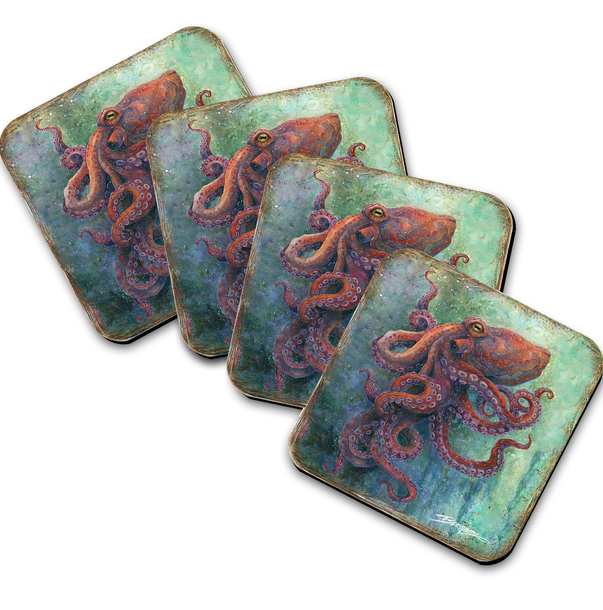 Octopus Wooden Cork Coasters Gift Set of 4 by J. Bergsma - Coastal Decor  - 8199459C-S4