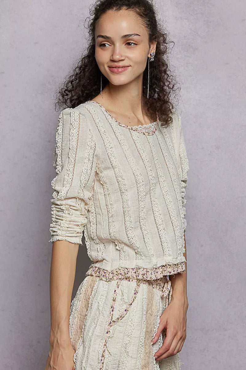 POL Texture Long Sleeve Blouse with Floral Ruffled