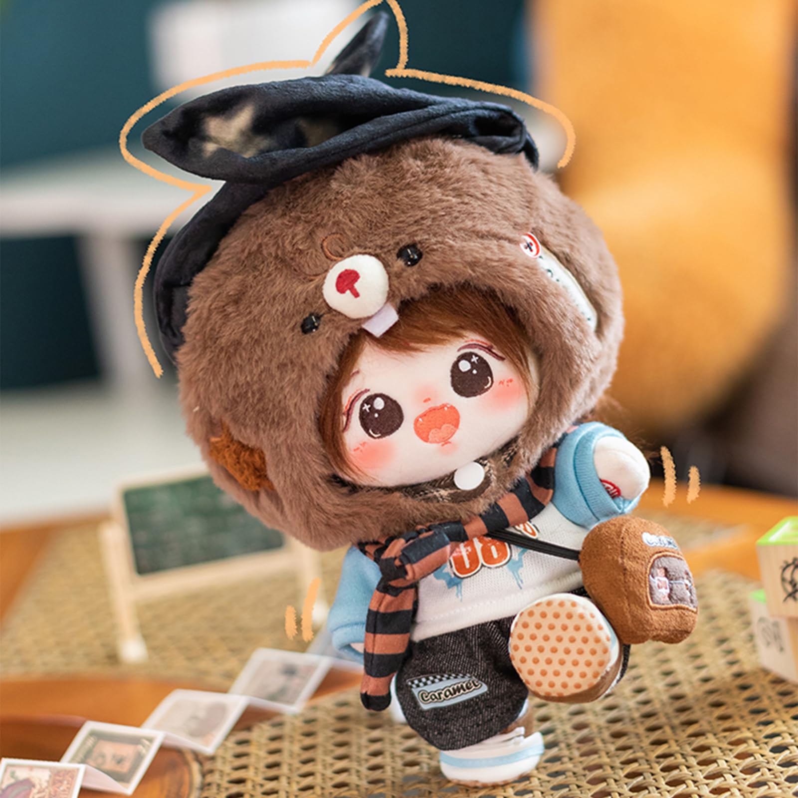 CALEMBOU 20cm Plush Doll, Cute Soft Stuffed Dress up Doll with Skeleton, Kawaii Plush Toys for Birthday with Clothes (Amiao + Working Lamb Set)