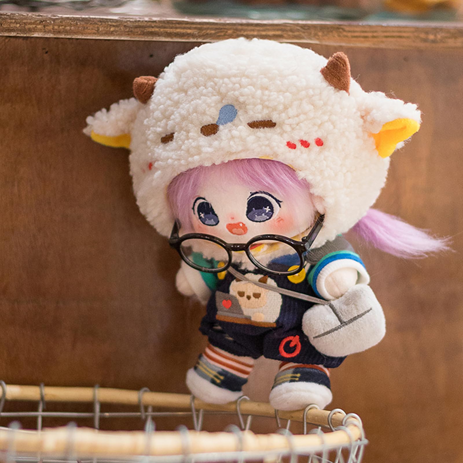 CALEMBOU 20cm Plush Doll, Cute Soft Stuffed Dress up Doll with Skeleton, Kawaii Plush Toys for Birthday with Clothes (Amiao + Working Lamb Set)