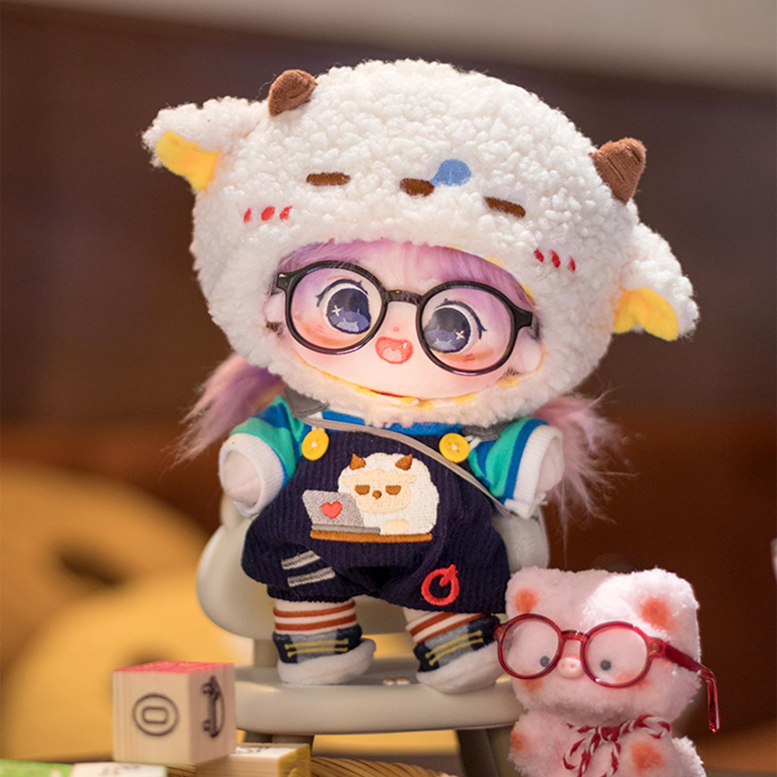 CALEMBOU 20cm Plush Doll, Cute Soft Stuffed Dress up Doll with Skeleton, Kawaii Plush Toys for Birthday with Clothes (Amiao + Working Lamb Set)