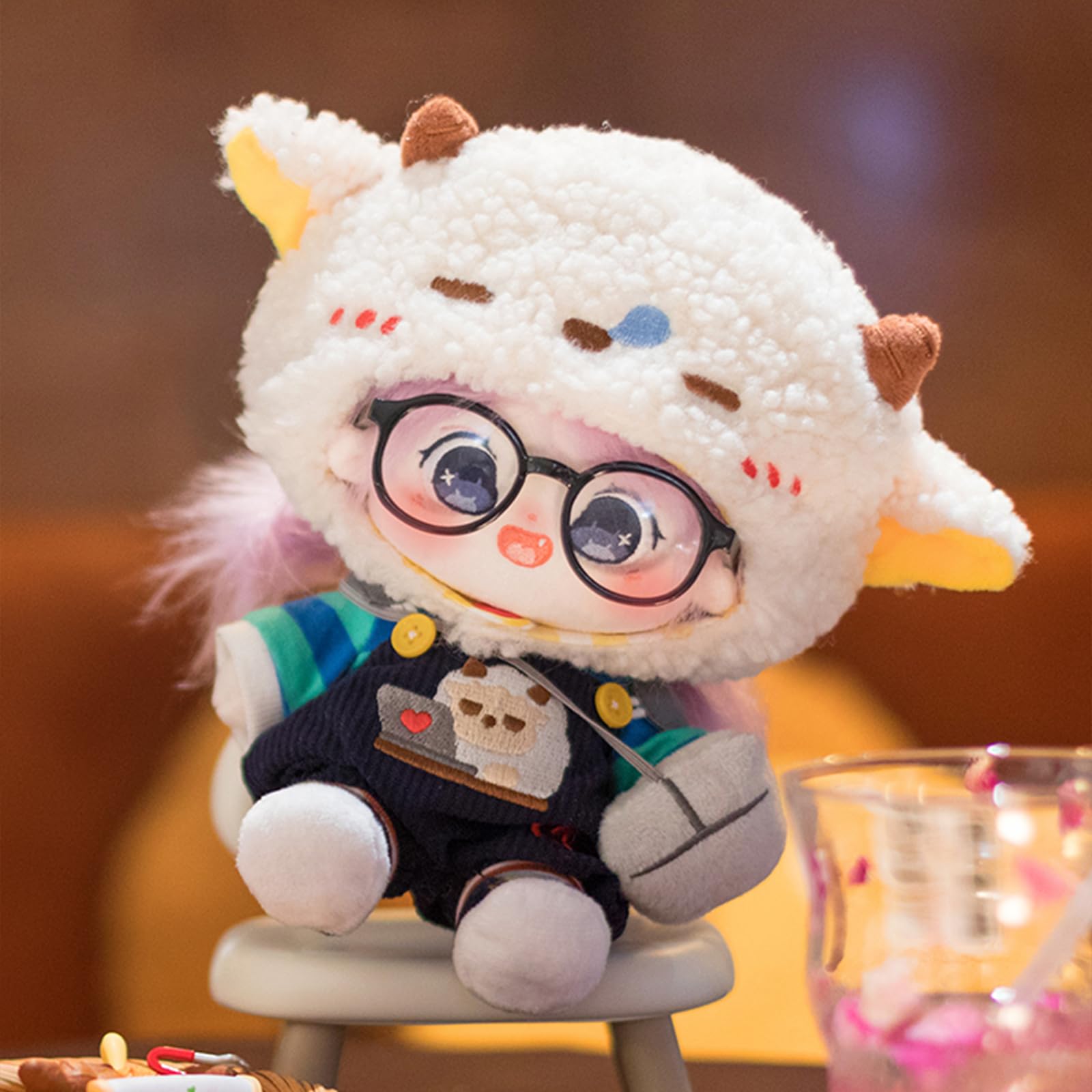 CALEMBOU 20cm Plush Doll, Cute Soft Stuffed Dress up Doll with Skeleton, Kawaii Plush Toys for Birthday with Clothes (Amiao + Working Lamb Set)