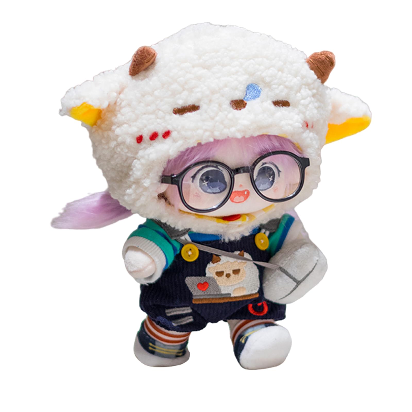 CALEMBOU 20cm Plush Doll, Cute Soft Stuffed Dress up Doll with Skeleton, Kawaii Plush Toys for Birthday with Clothes (Amiao + Working Lamb Set)