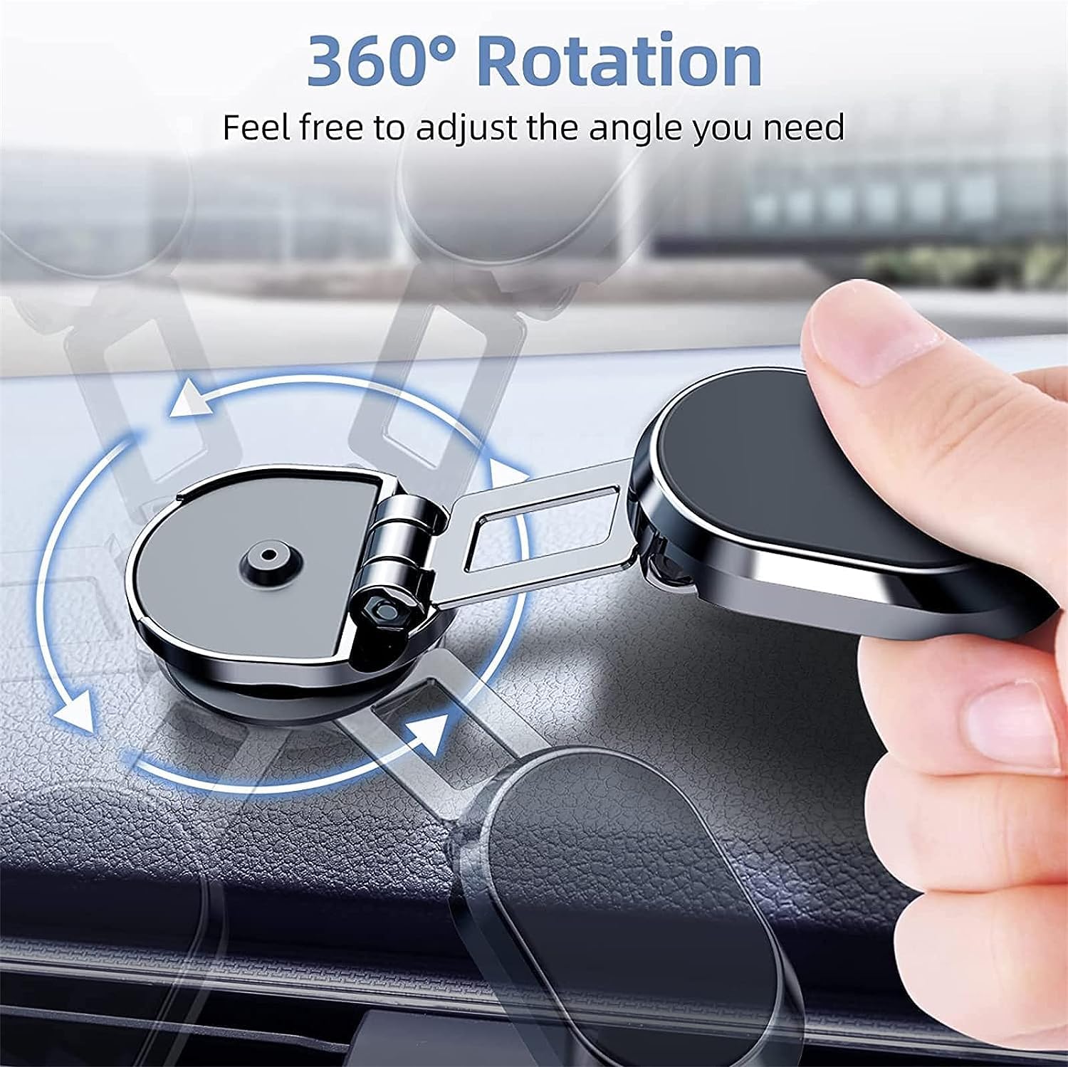 Car Phone Holder, 720-Degree Adjustable Swivel and Foldable, Alloy Folding Magnetic Bracket, Compatible with All Smartphones, Black
