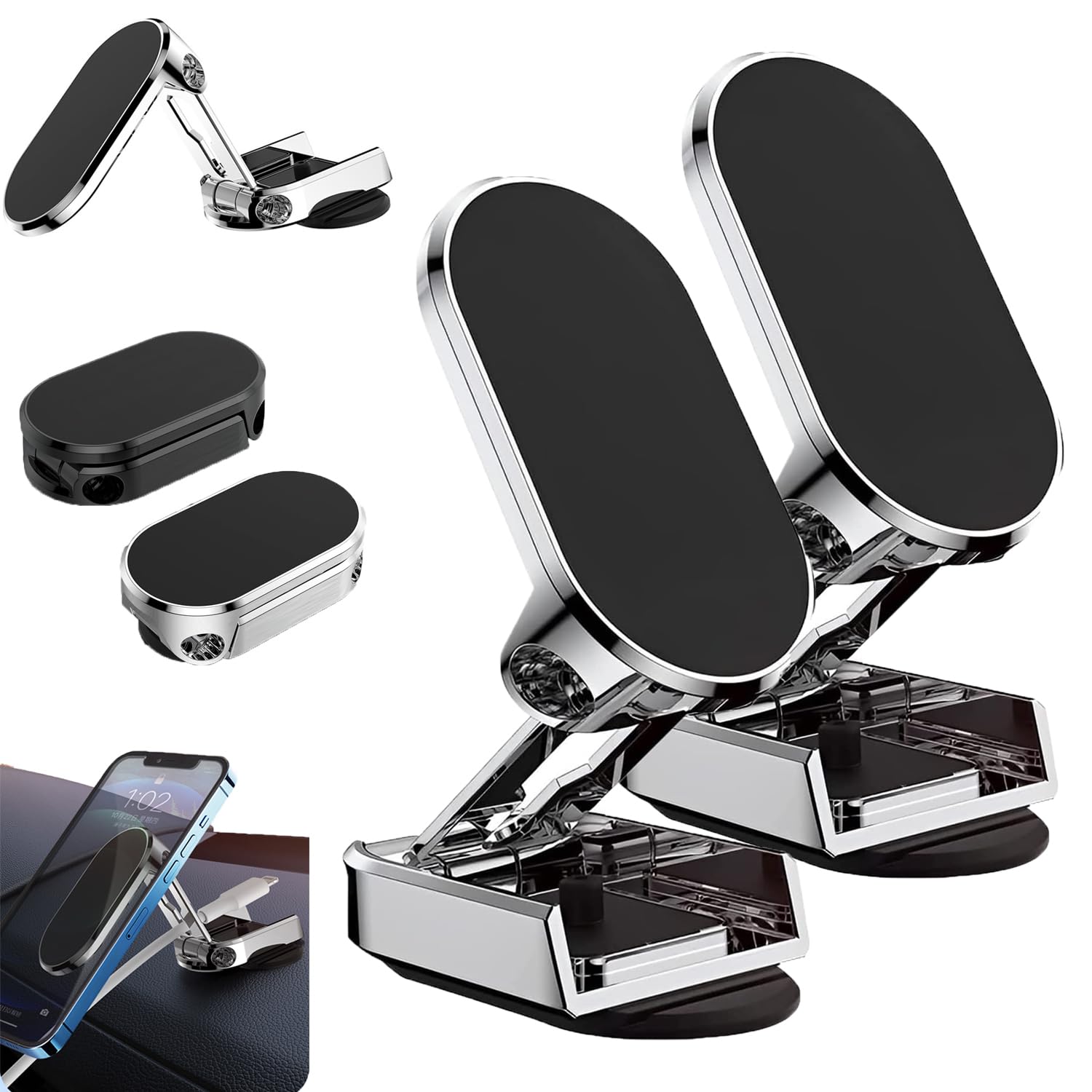 Car Phone Holder, 720-Degree Adjustable Swivel and Foldable, Alloy Folding Magnetic Bracket, Compatible with All Smartphones, Black