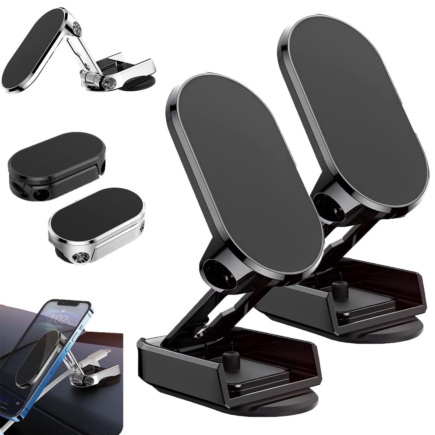 Car Phone Holder, 720-Degree Adjustable Swivel and Foldable, Alloy Folding Magnetic Bracket, Compatible with All Smartphones, Black