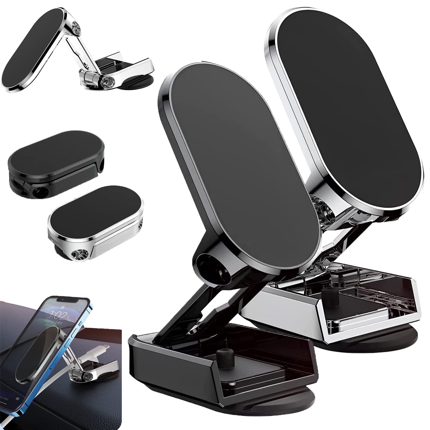 Car Phone Holder, 720-Degree Adjustable Swivel and Foldable, Alloy Folding Magnetic Bracket, Compatible with All Smartphones, Black